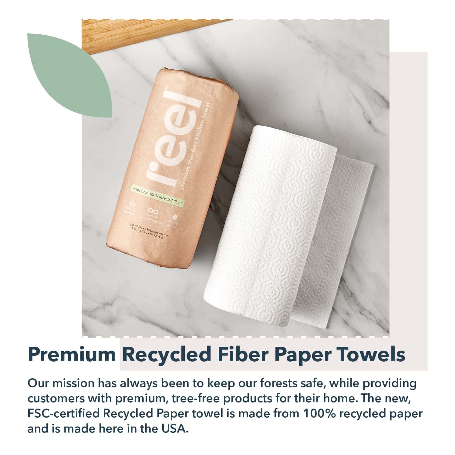 Reel Premium Recycled Paper Towels- 12 Rolls, 2-Ply Made From Tree-Free, Hypoallergenic and Zero Plastic Packaging