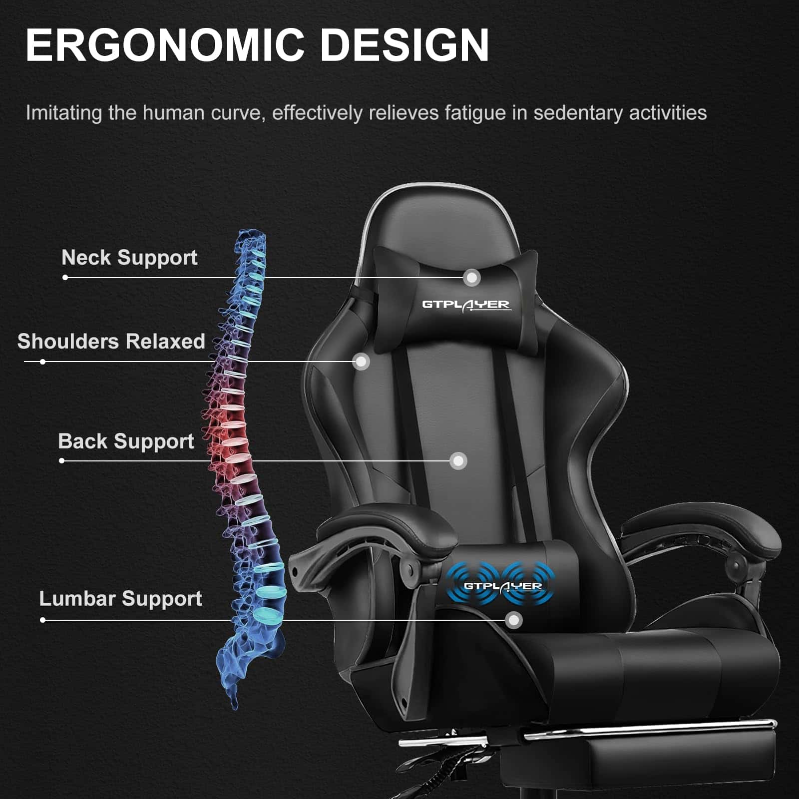 GTPLAYER Gaming Chair, Computer Chair with Footrest and Lumbar Support, Height Adjustable Game Chair with 360°, Black