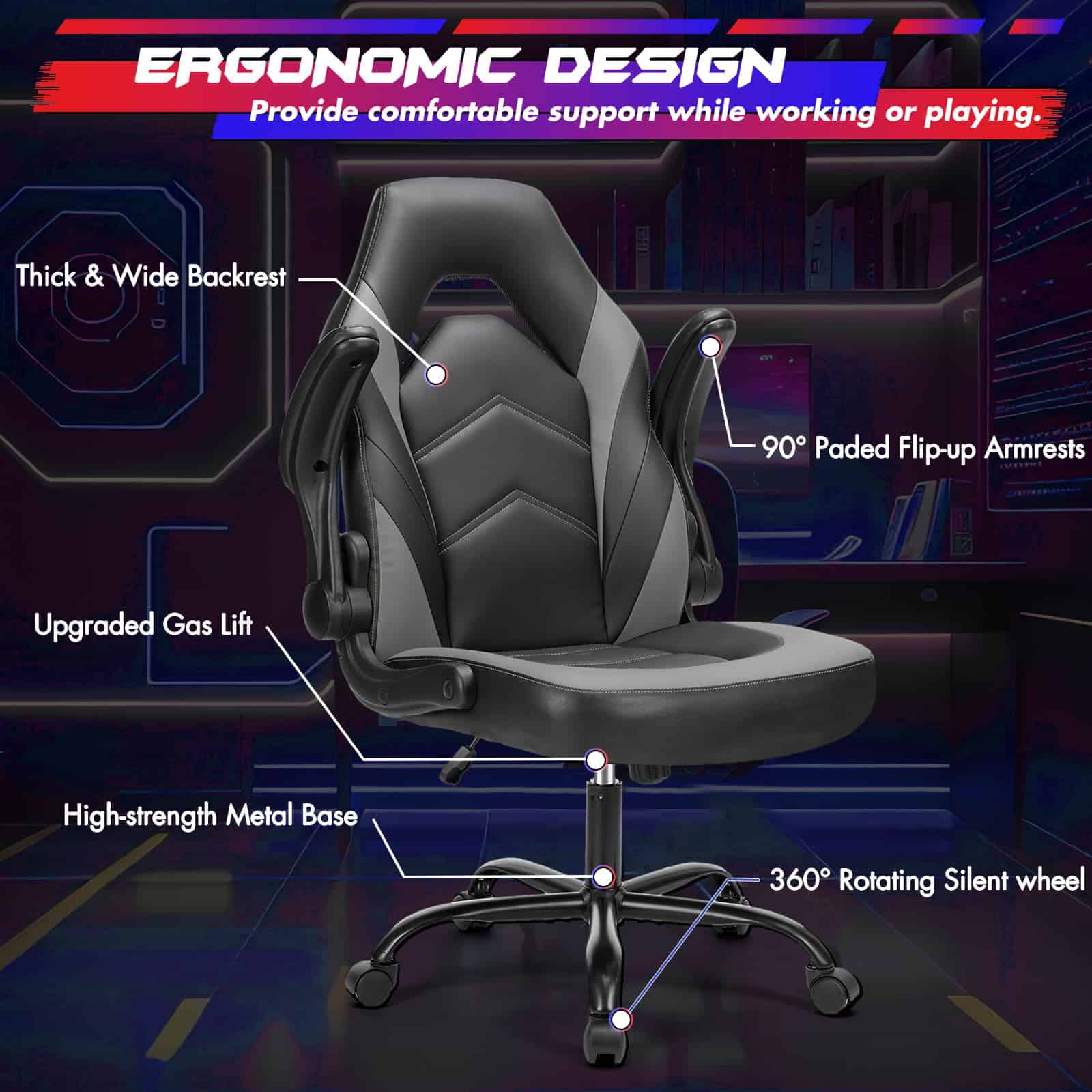 Sweetcrispy Computer Gaming Desk Chair - Ergonomic PU Leather with Comfy Lumbar Support, Grey