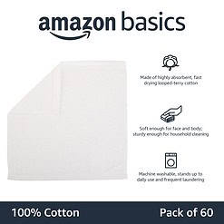 Amazon Basics Bath towel for Face, bathroom, Fast Drying salon towels, 60 Pack, White (12 x 12 inches)