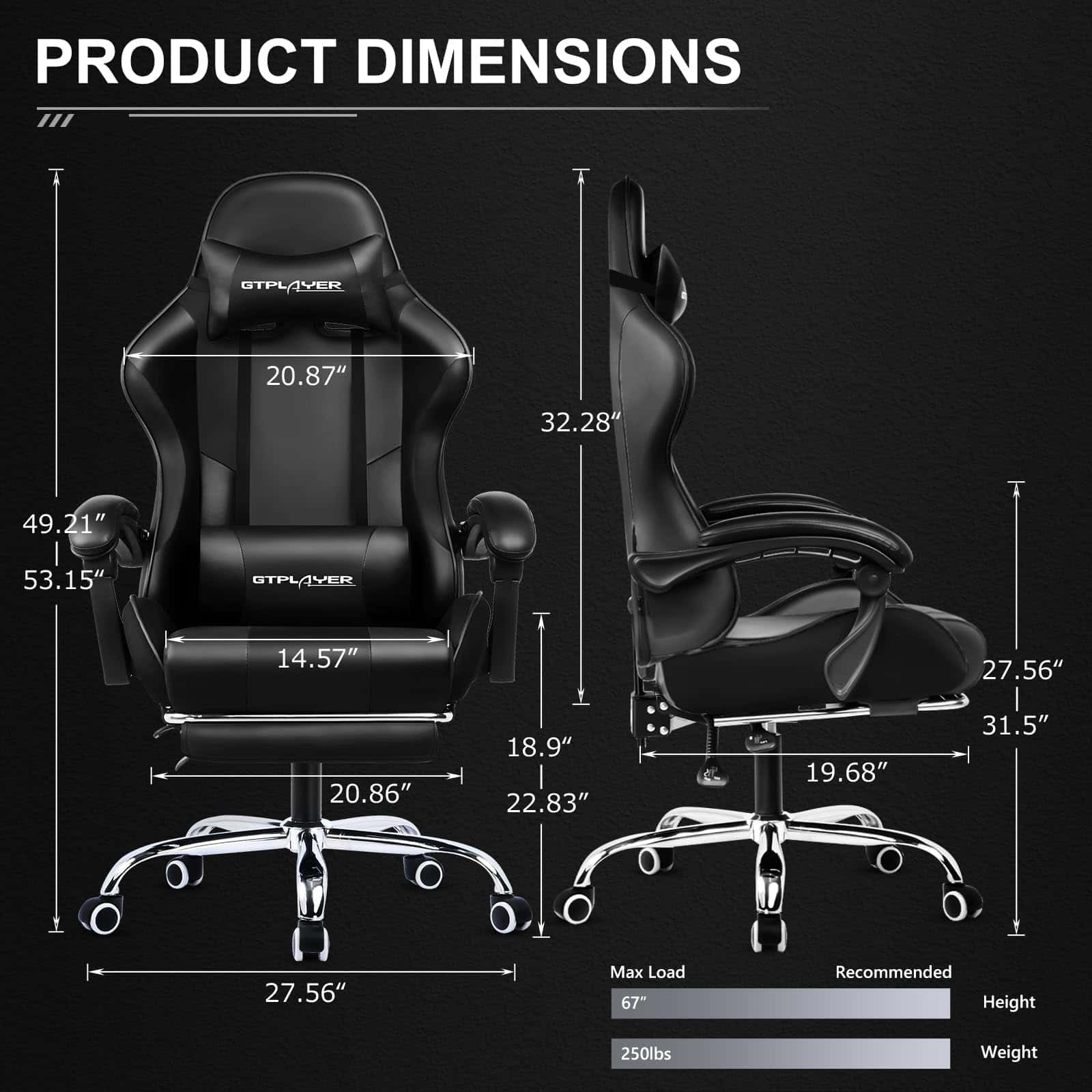 GTPLAYER Gaming Chair, Computer Chair with Footrest and Lumbar Support, Height Adjustable Game Chair with 360°, Black