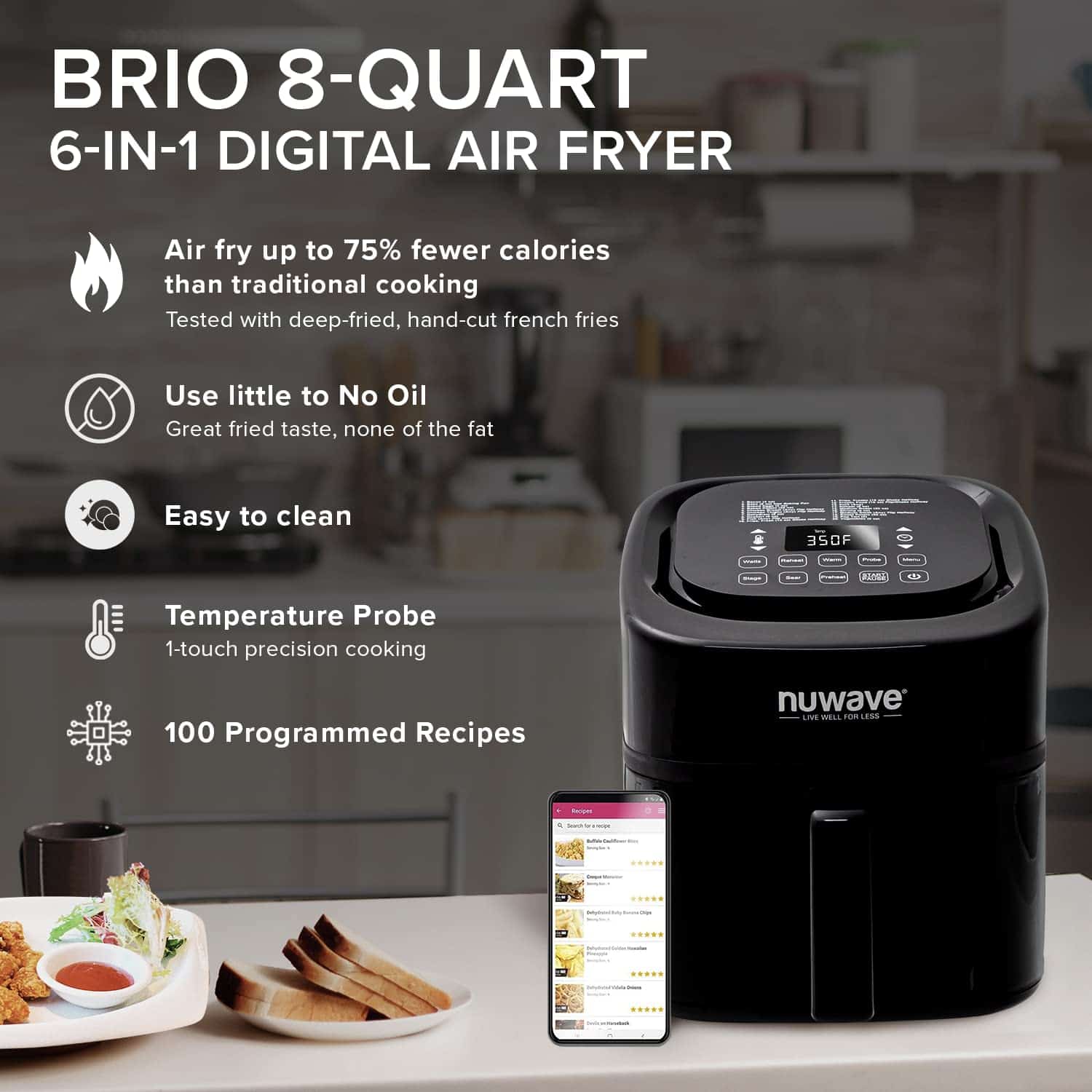 Nuwave Brio 8-Qt Air Fryer, Powerful 1800W, Easy-to-Read Cool White Display, Classic Black