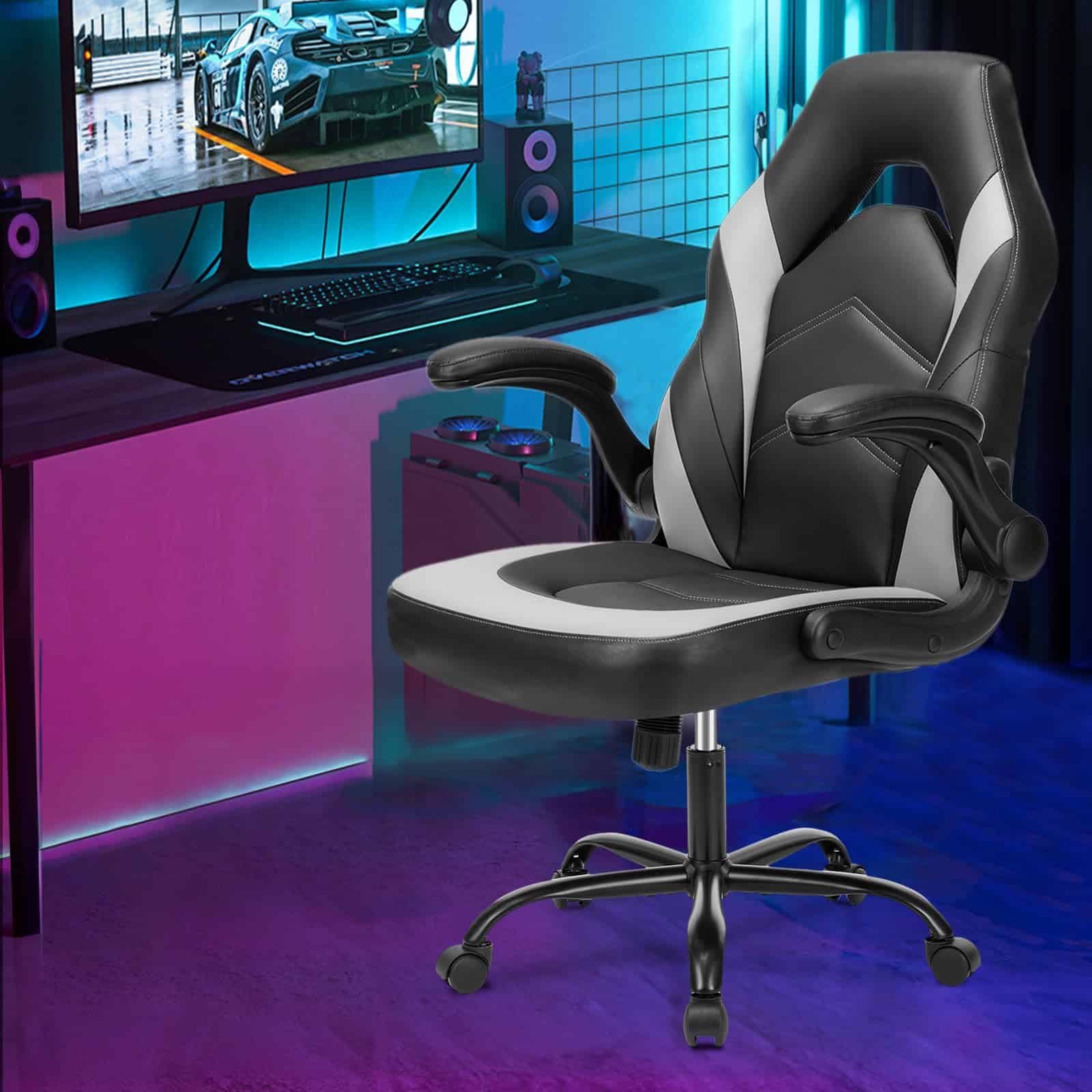 Sweetcrispy Computer Gaming Desk Chair - Ergonomic Office Executive Adjustable Swivel Task PU Leather Racing Chair, White