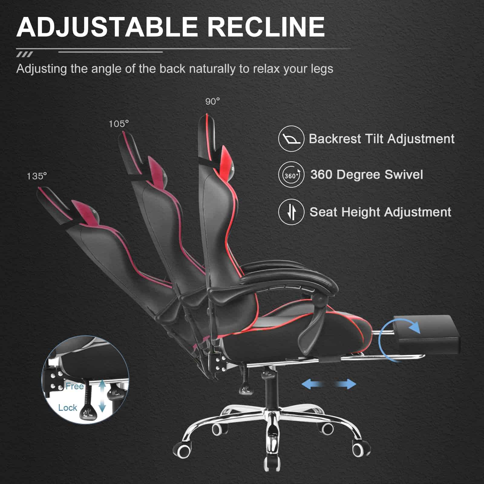GTPLAYER Gaming Chair, Computer Chair with Footrest and Lumbar Support, Height Adjustable Game Chair with 360°, Red