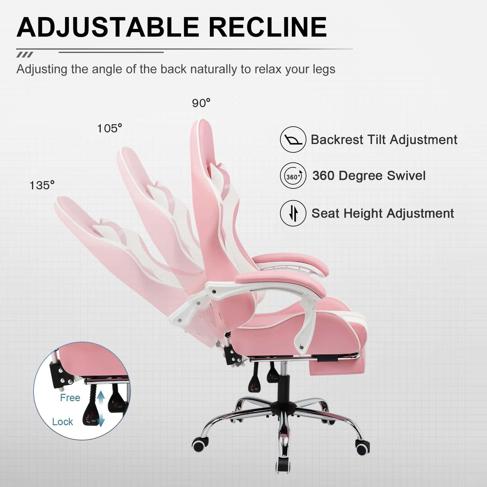 GTPLAYER Gaming Chair, Computer Chair with Footrest and Lumbar Support, Height Adjustable Game Chair with 360°, Pink