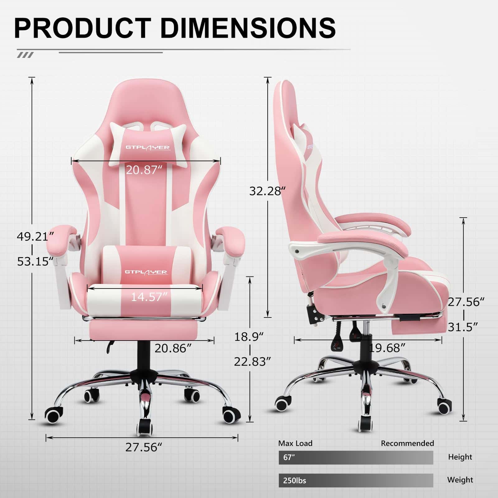 GTPLAYER Gaming Chair, Computer Chair with Footrest and Lumbar Support, Height Adjustable Game Chair with 360°, Pink
