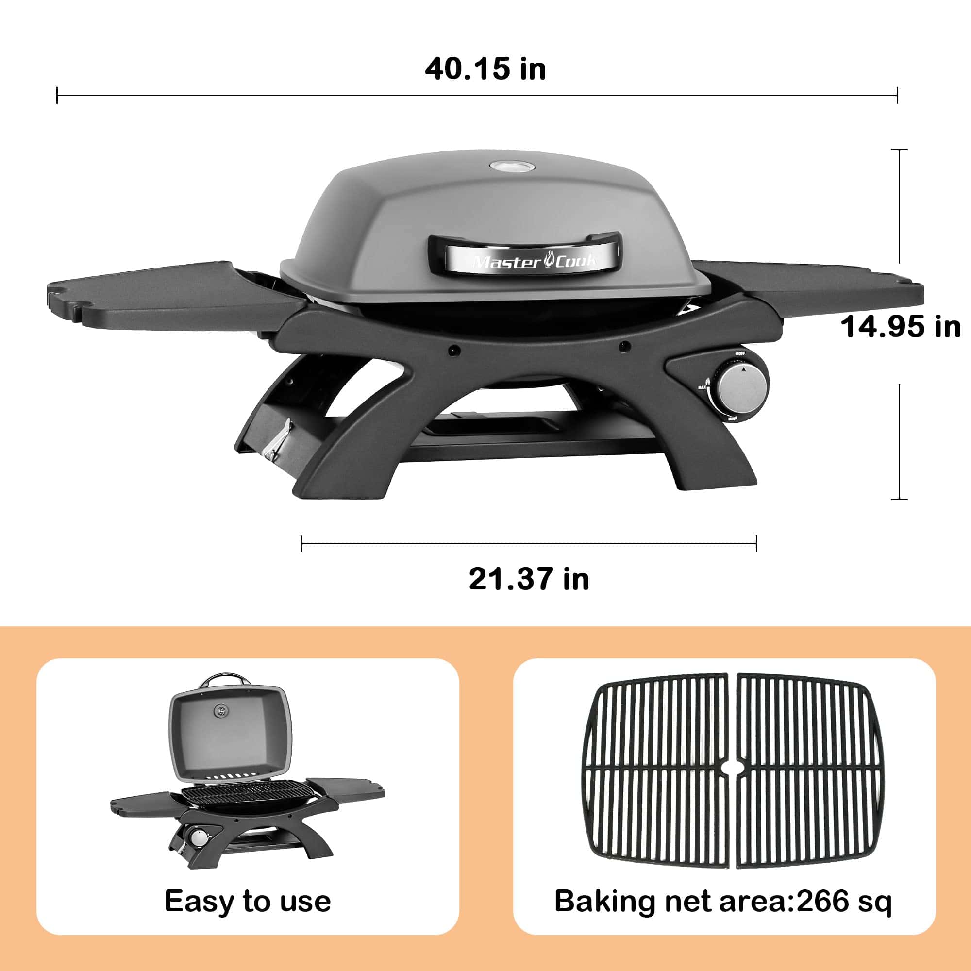 MASTER COOK Tabletop Gas Grill, 11500 BTU Portable Propane Grill Outdoor with Removable Side Shelves for BBQ Camping Patio Backyard
