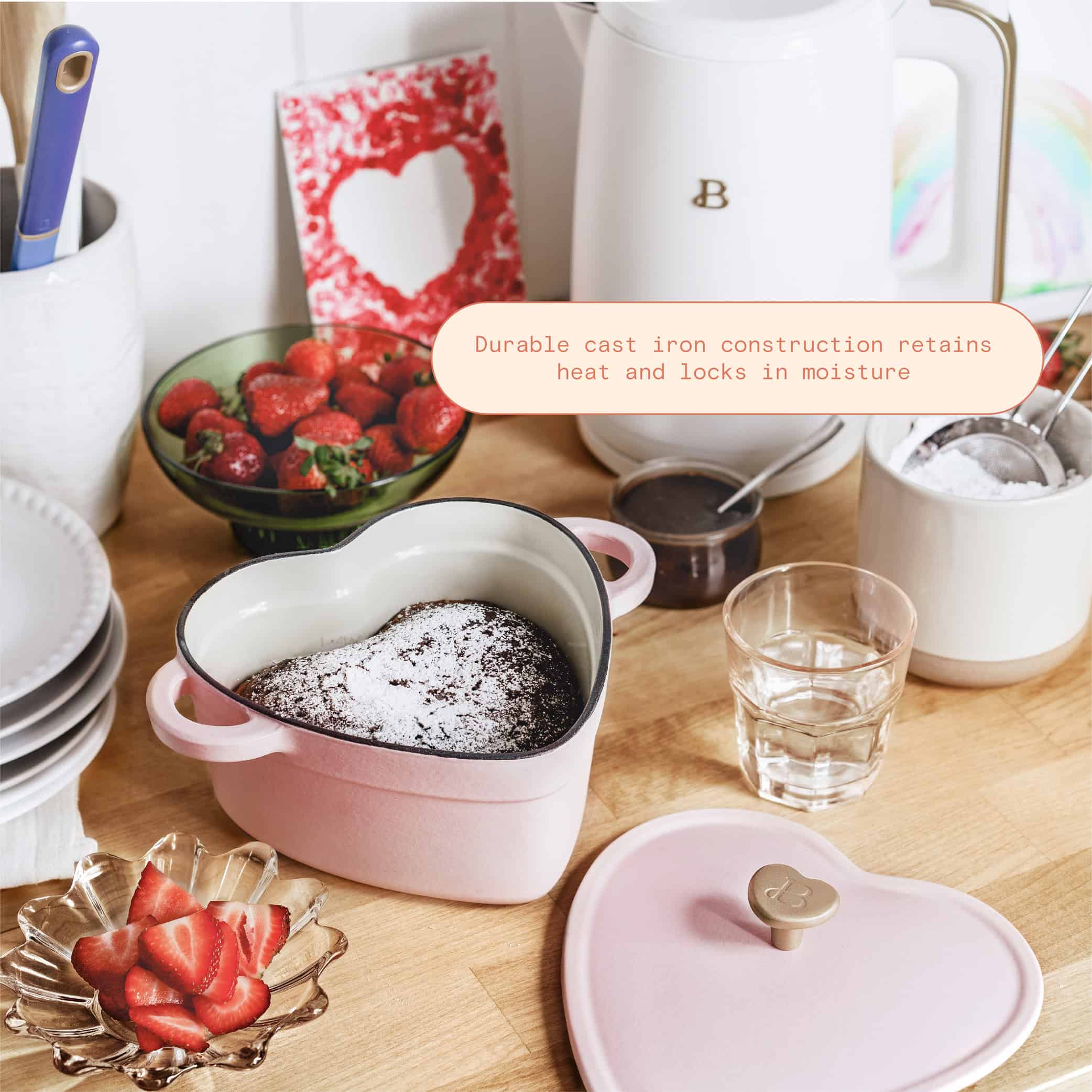 Beautiful 2QT Cast Iron Heart Dutch Oven, Pink Champagne by Drew Barrymore