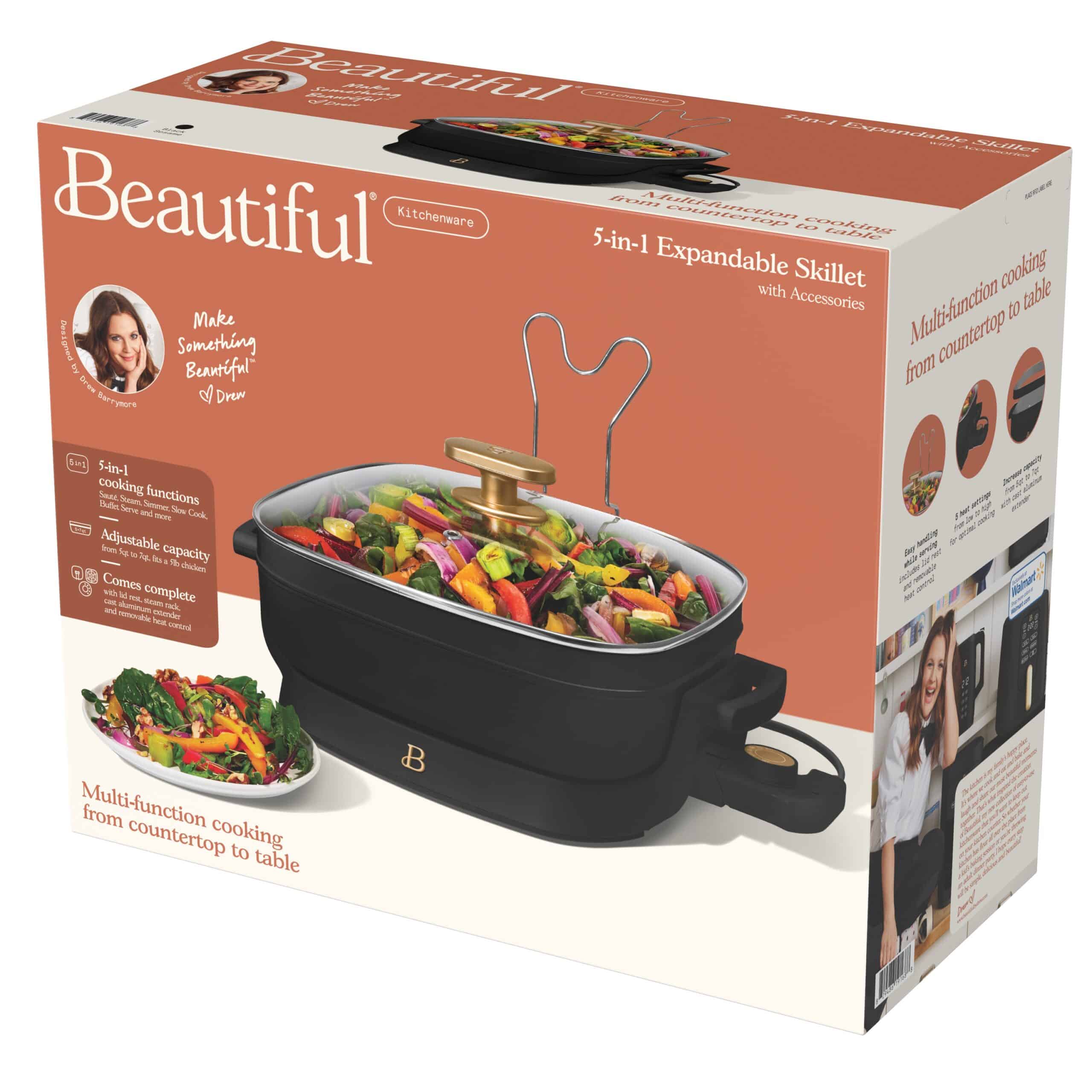 Beautiful 5 in 1 Electric Skillet - Expandable up to 7 Qt with Glass Lid, Black Sesame by Drew Barrymore