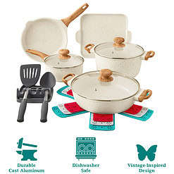 The Pioneer Woman Prairie Signature 14-Piece Cast Aluminum Cookware Set, Linen Speckle