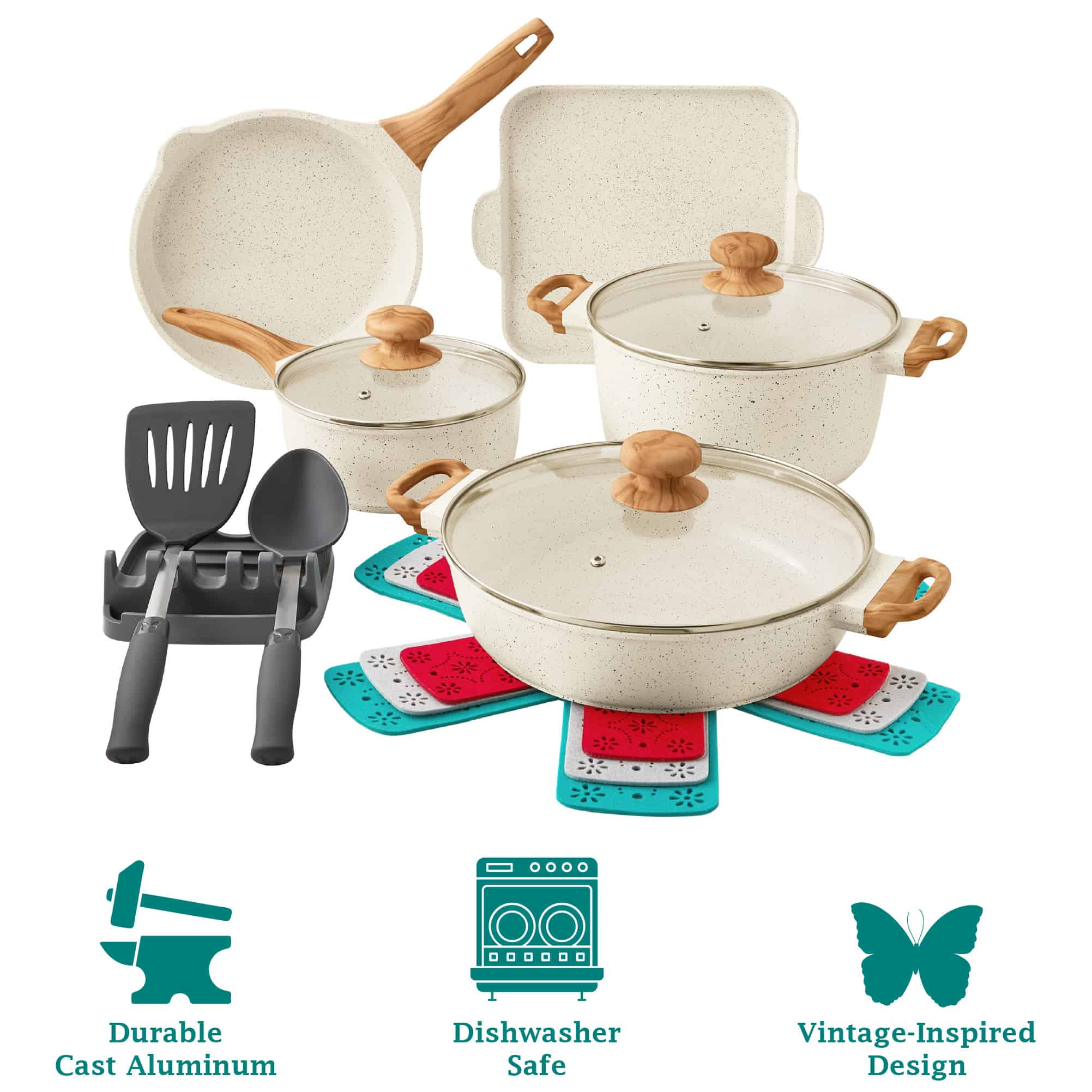 The Pioneer Woman Prairie Signature 14-Piece Cast Aluminum Cookware Set, Linen Speckle