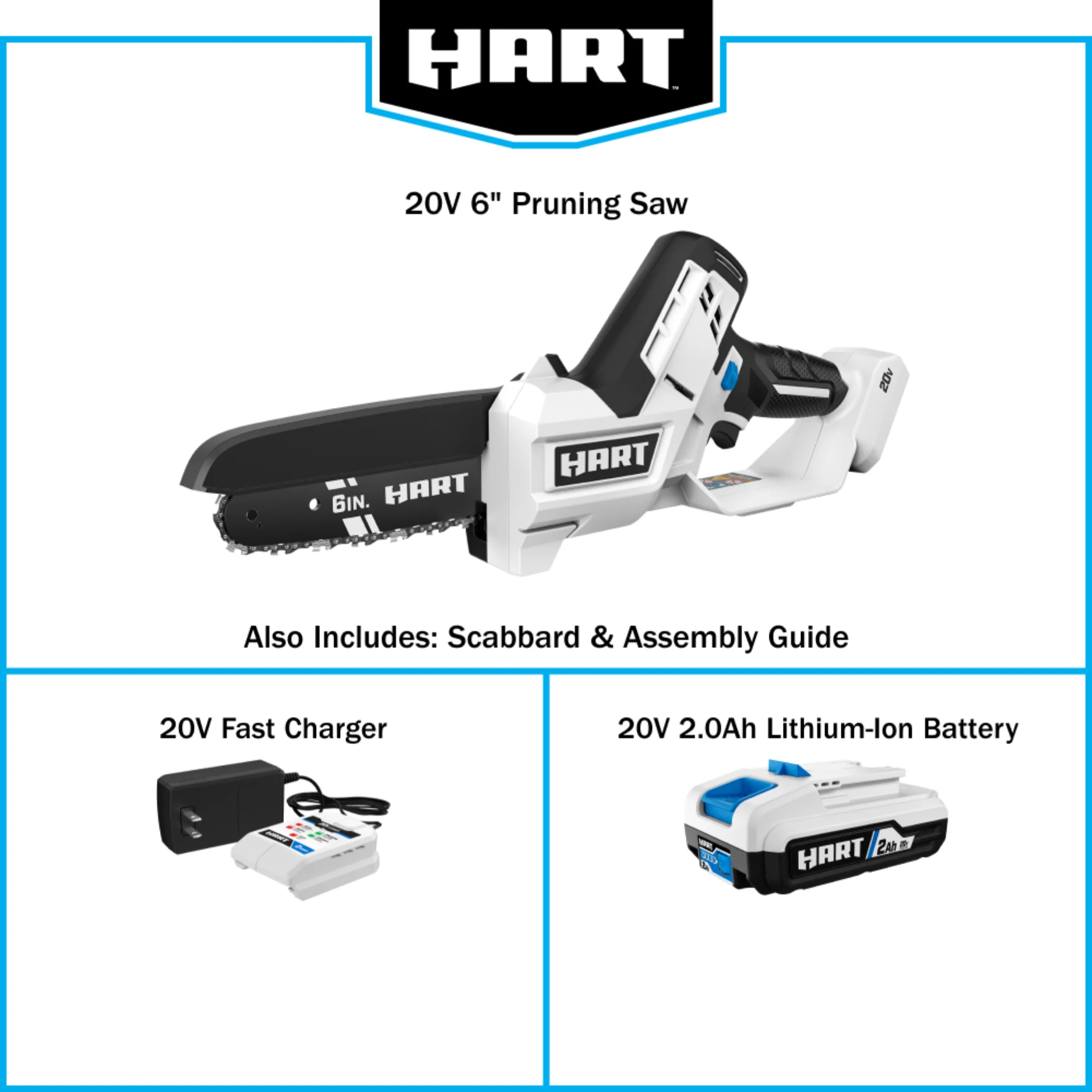 HART 20 Volt 6-inch Battery-Powered Pruning Chainsaw Kit, (1) 2.0Ah Lithium-Ion Battery