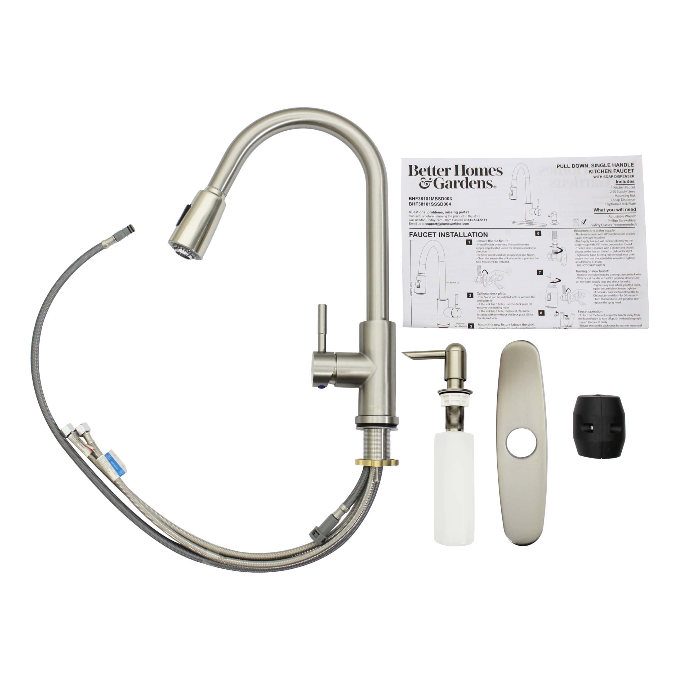 Better Homes & Gardens Elmont Pull Down Kitchen Faucet with Soap Dispenser, Satin Nickel