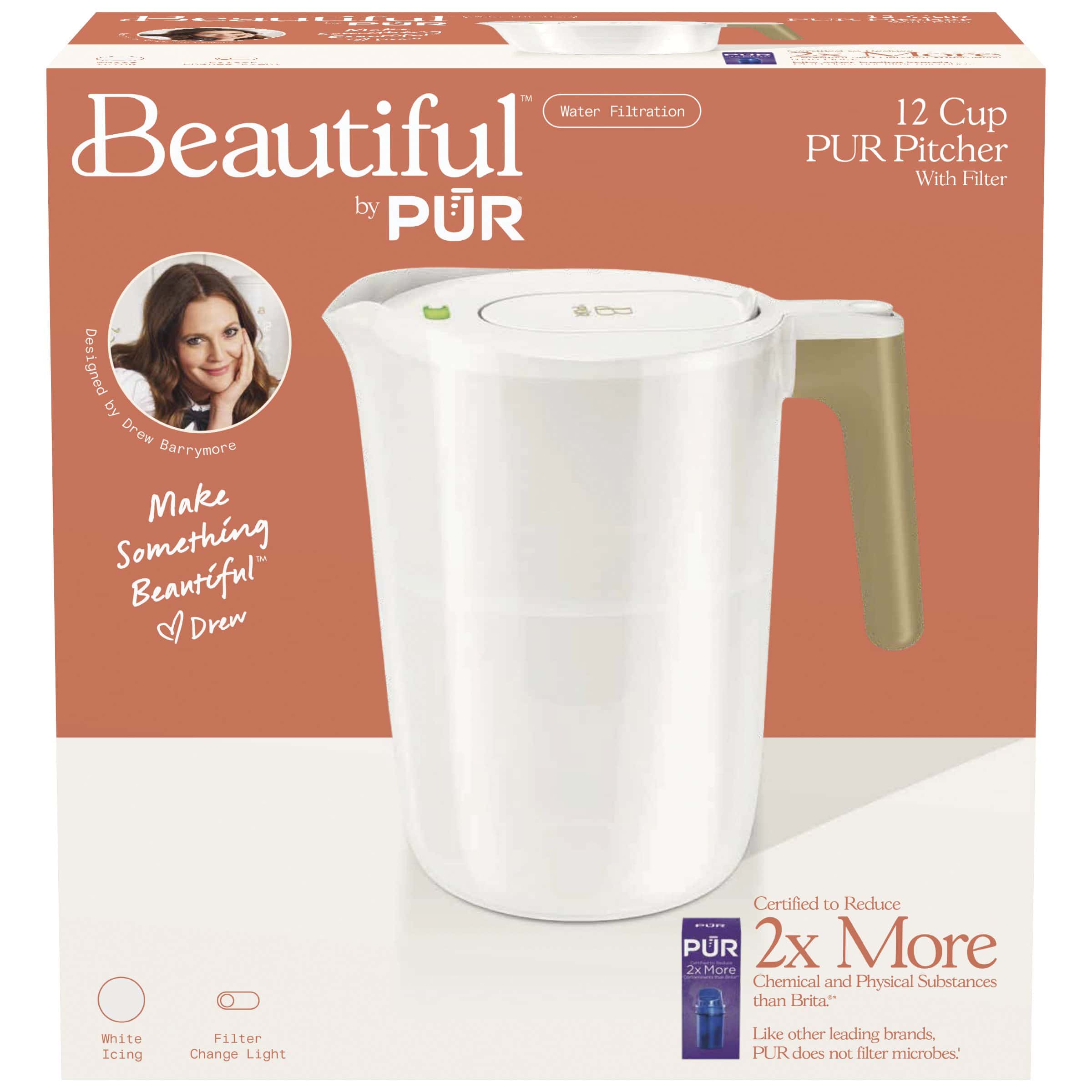 Beautiful by PUR 12 Cup Water Filtration Pitcher, W 10.2" x H 10.6" x L 6.8", White Icing (PPT120W)