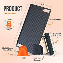 Cast Iron Griddle, Reversible Grill/Griddle, Cast Iron Press, Pan Scraper, Pinch Mitts (9.5