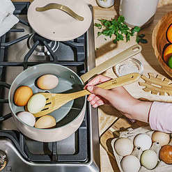 Beautiful 12pc Ceramic Non-Stick Cookware Set, Porcini Taupe by Drew Barrymore