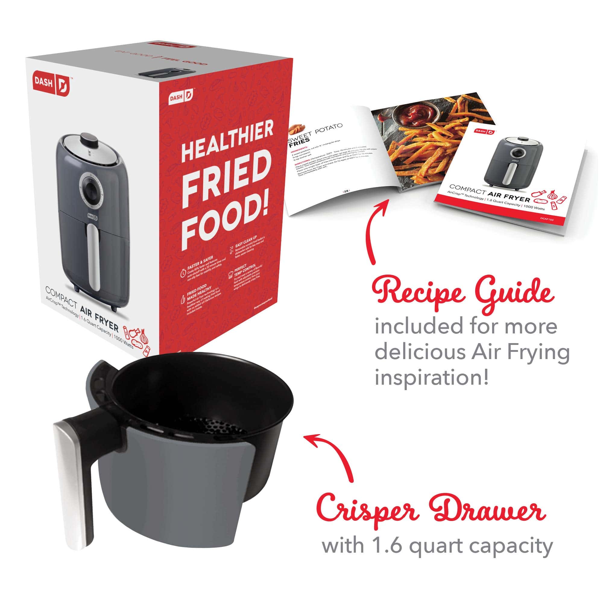 DASH Compact Air Fryer Oven Cooker with Temperature Control, Non-stick Fry Basket, 2 Quart - Grey