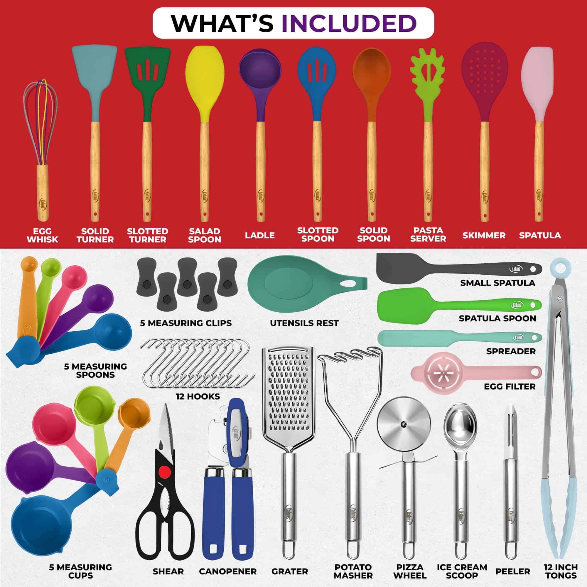 Kaluns 50 PCS Silicone Kitchen Utensils Set Complete Kitchen Set, Multicolor