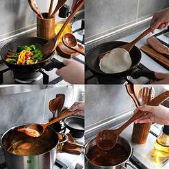Wooden Spoons for Cooking, Wooden Cooking Utensils Set, Wooden Utensil Set with Holder, Spoon Rest & Hooks, 8-piece set