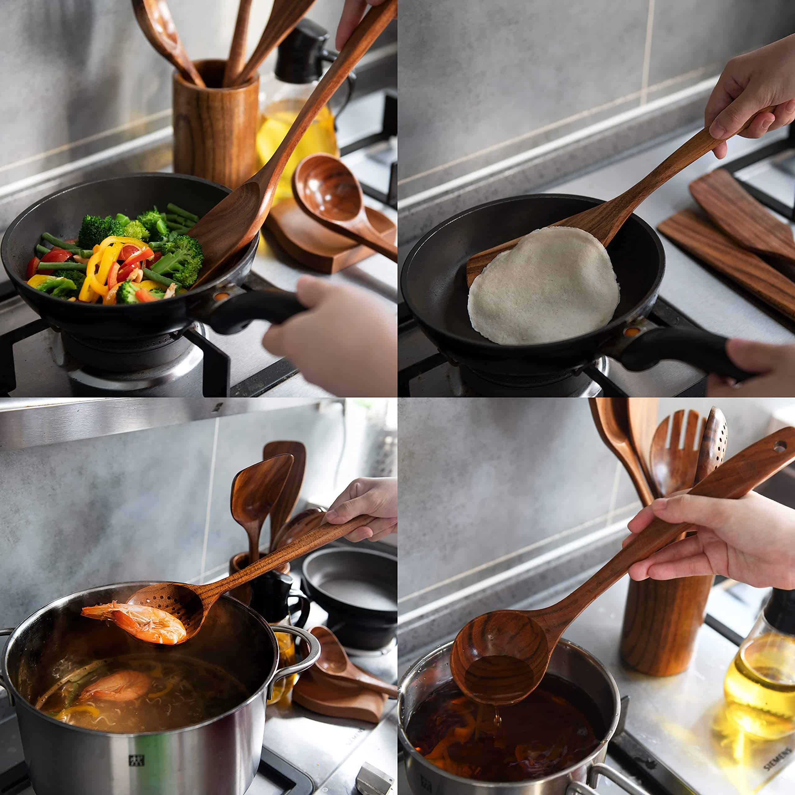 Wooden Spoons for Cooking, Wooden Cooking Utensils Set, Wooden Utensil Set with Holder, Spoon Rest & Hooks, 8-piece set
