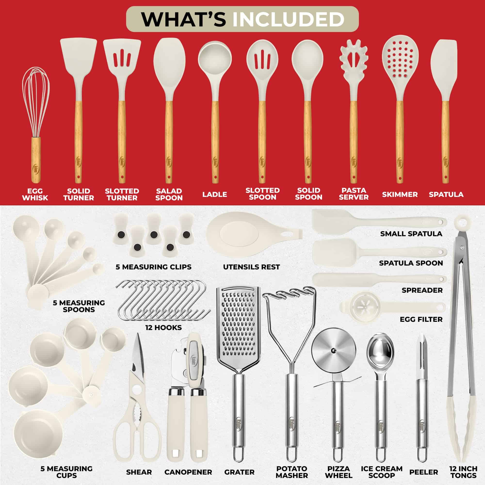 Kaluns 50 PCS Silicone Kitchen Utensils Set Complete Kitchen Set, Khaki