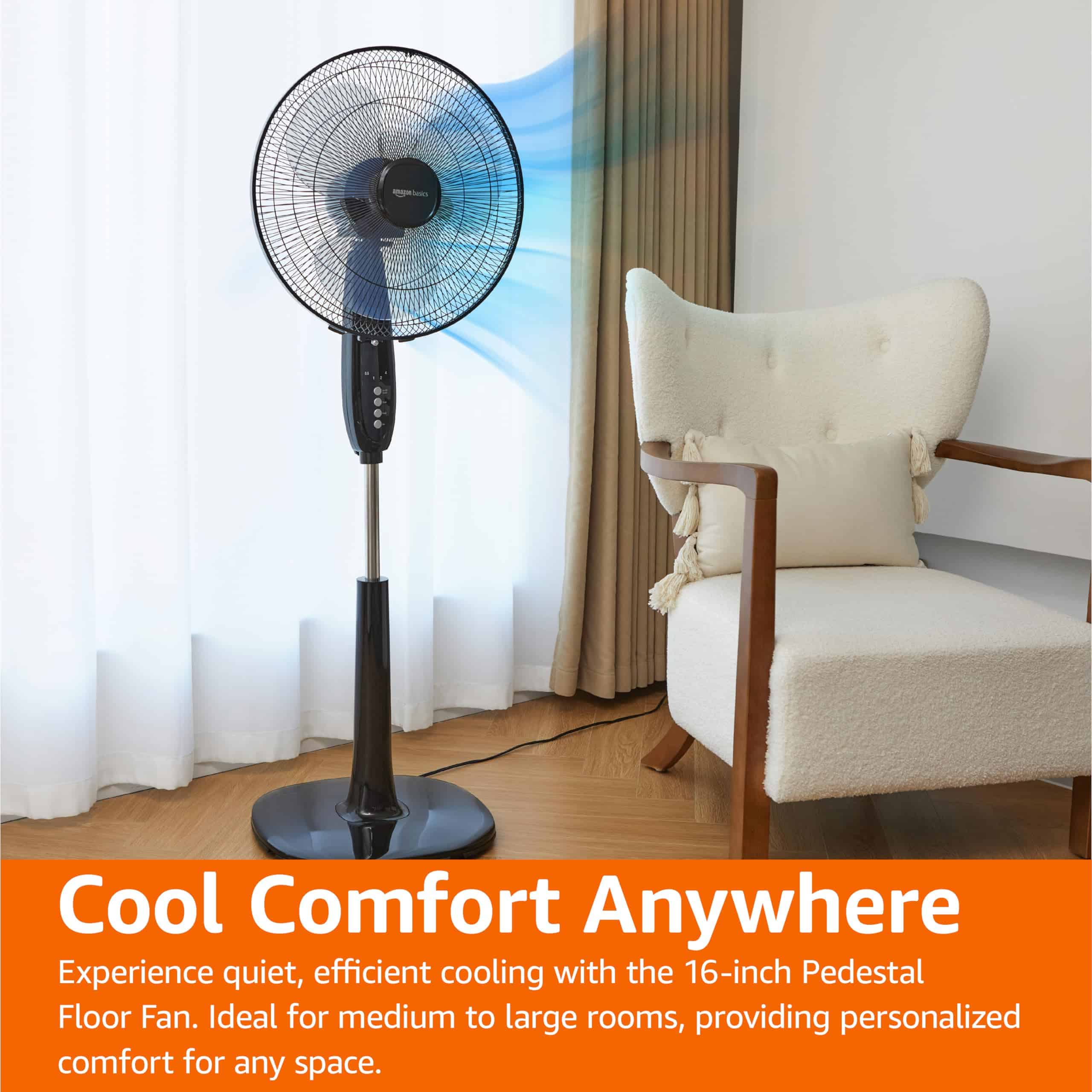 Amazon Basics 16-Inch 3-Speed Pedestal Floor Fan, Standing Fan for Home, Black