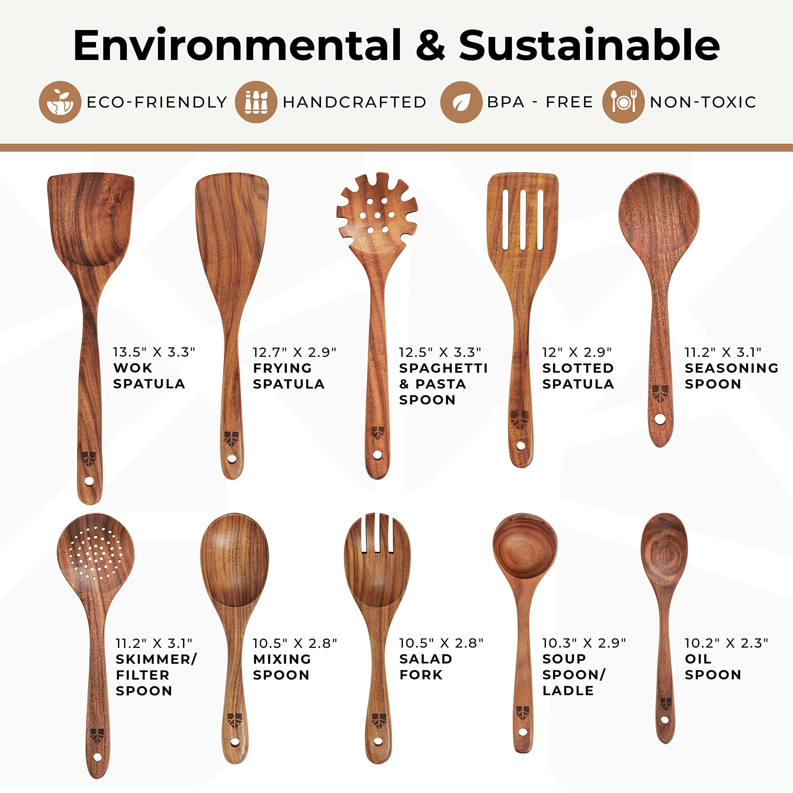 Wooden Spoons for Cooking, 10 Pcs Wooden Cooking Utensils Set – Wooden Utensil Set for Nonstick Pans & Cookware
