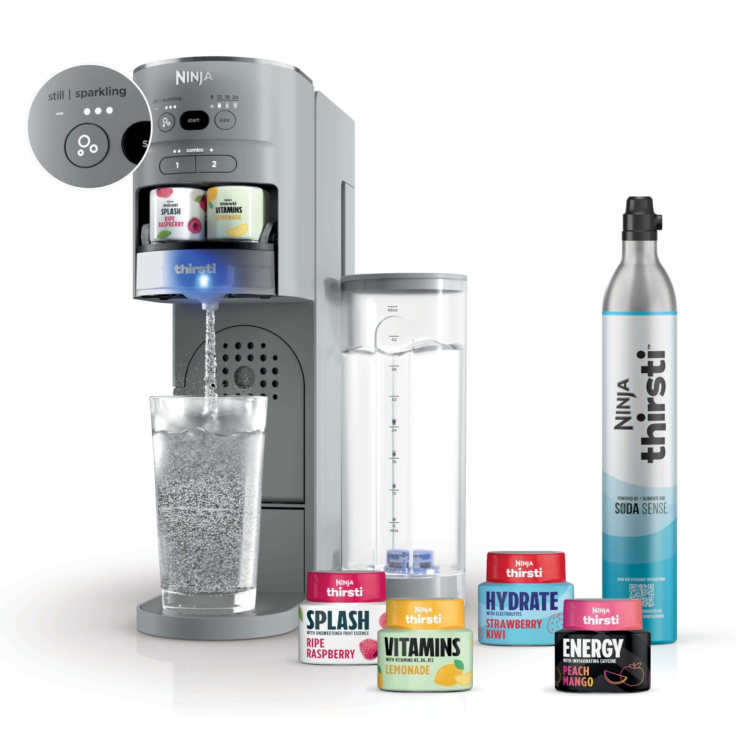 Ninja Thirsti Drink System, Soda Maker, Create Unique Sparkling & Still Drinks, Personalize Size & Flavor, Grey