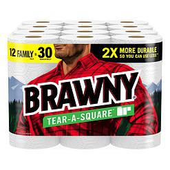 Brawny Tear-A-Square Paper Towels, 12 Family Rolls = 30 Regular Rolls, 3 Sheet Sizes, Strong and absorbent extra-large roll