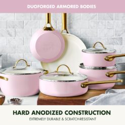 GreenPan Reserve Hard Anodized Healthy Ceramic Nonstick 10 Piece Cookware Pots and Pans Set, Gold Handle, Blush Pink