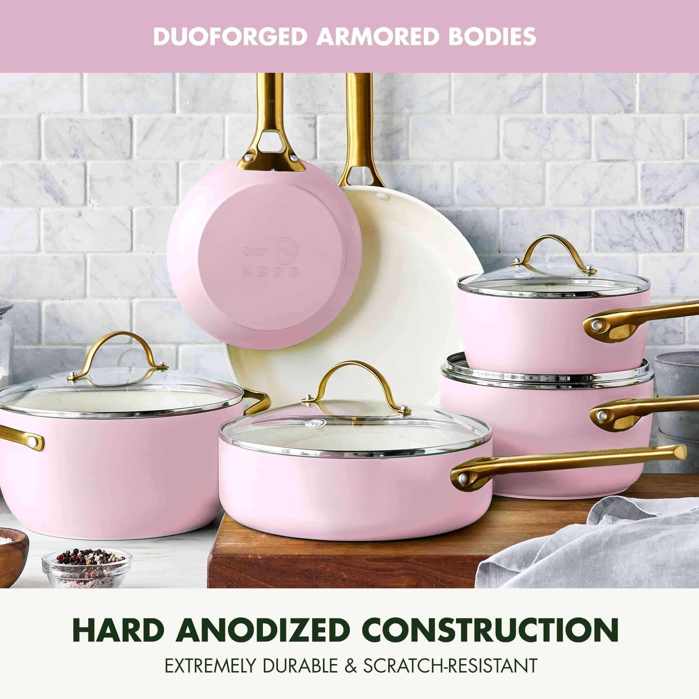 GreenPan Reserve Hard Anodized Healthy Ceramic Nonstick 10 Piece Cookware Pots and Pans Set, Gold Handle, Blush Pink