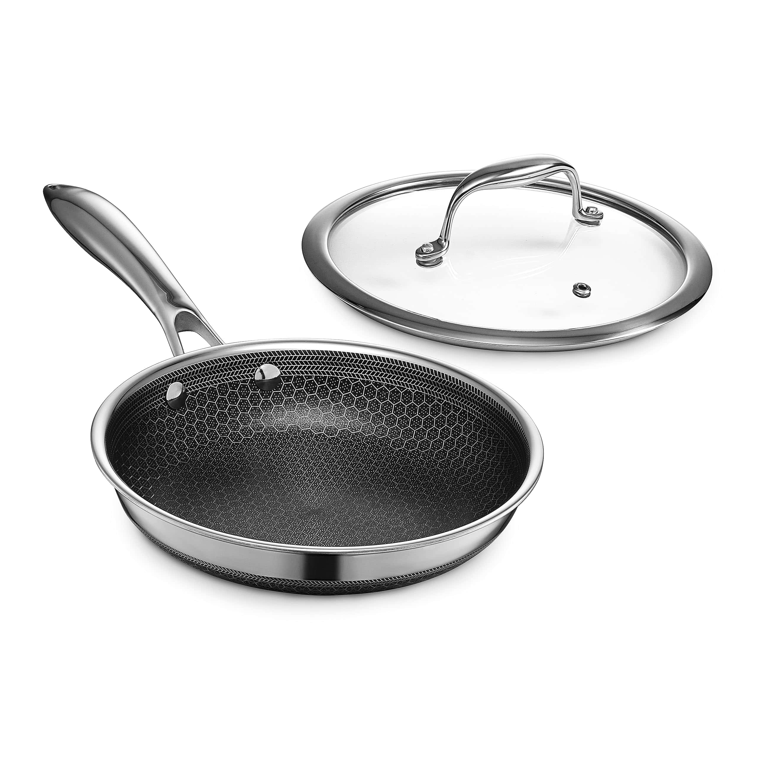 HexClad Hybrid Nonstick 8-Inch Fry Pan with Tempered Glass Lid, Stay-Cool Handle, Dishwasher and Oven Safe