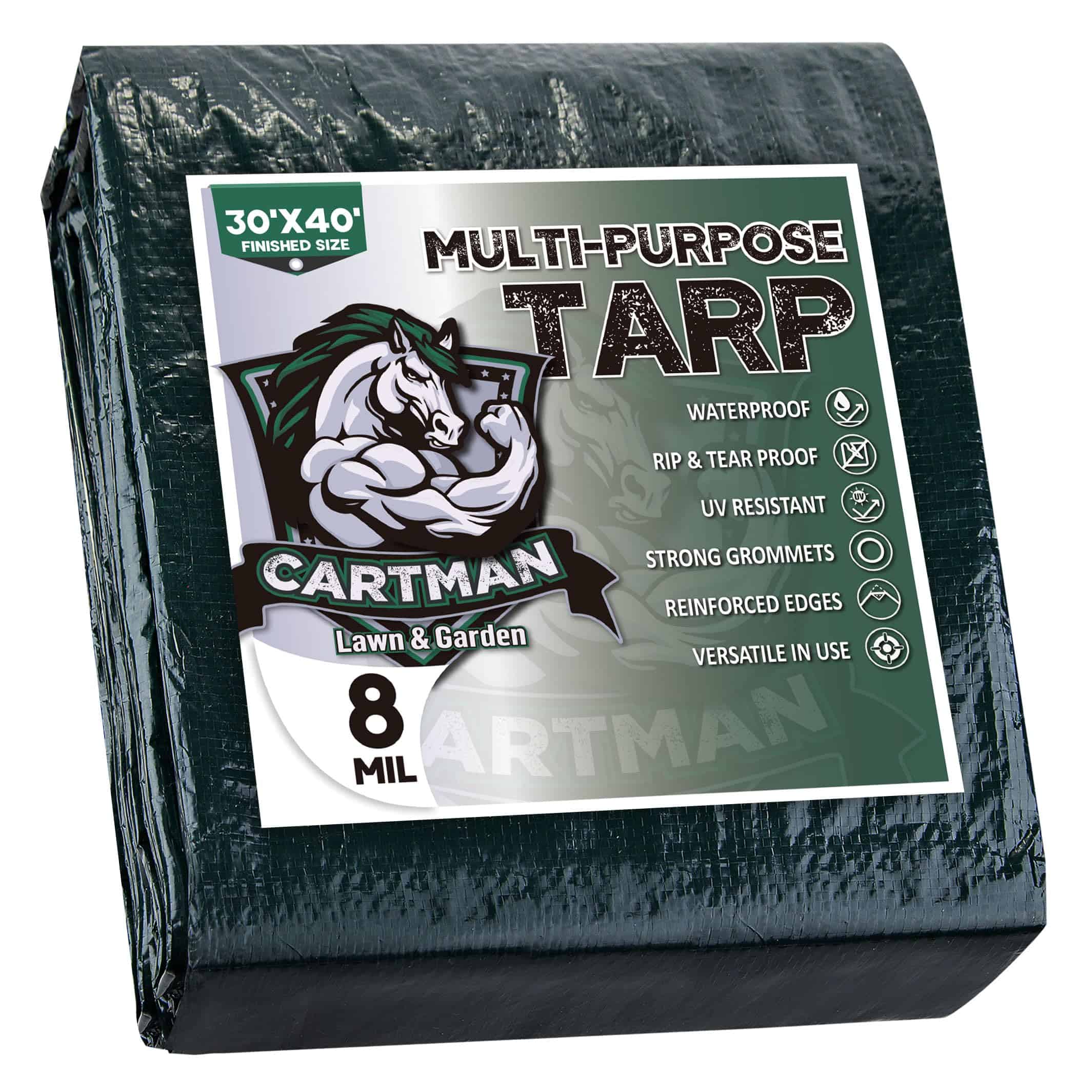 CARTMAN Finished Size 30x40 Feet Waterproof Green Tarp 8 Mil Thick, Multipurpose Protective Cover