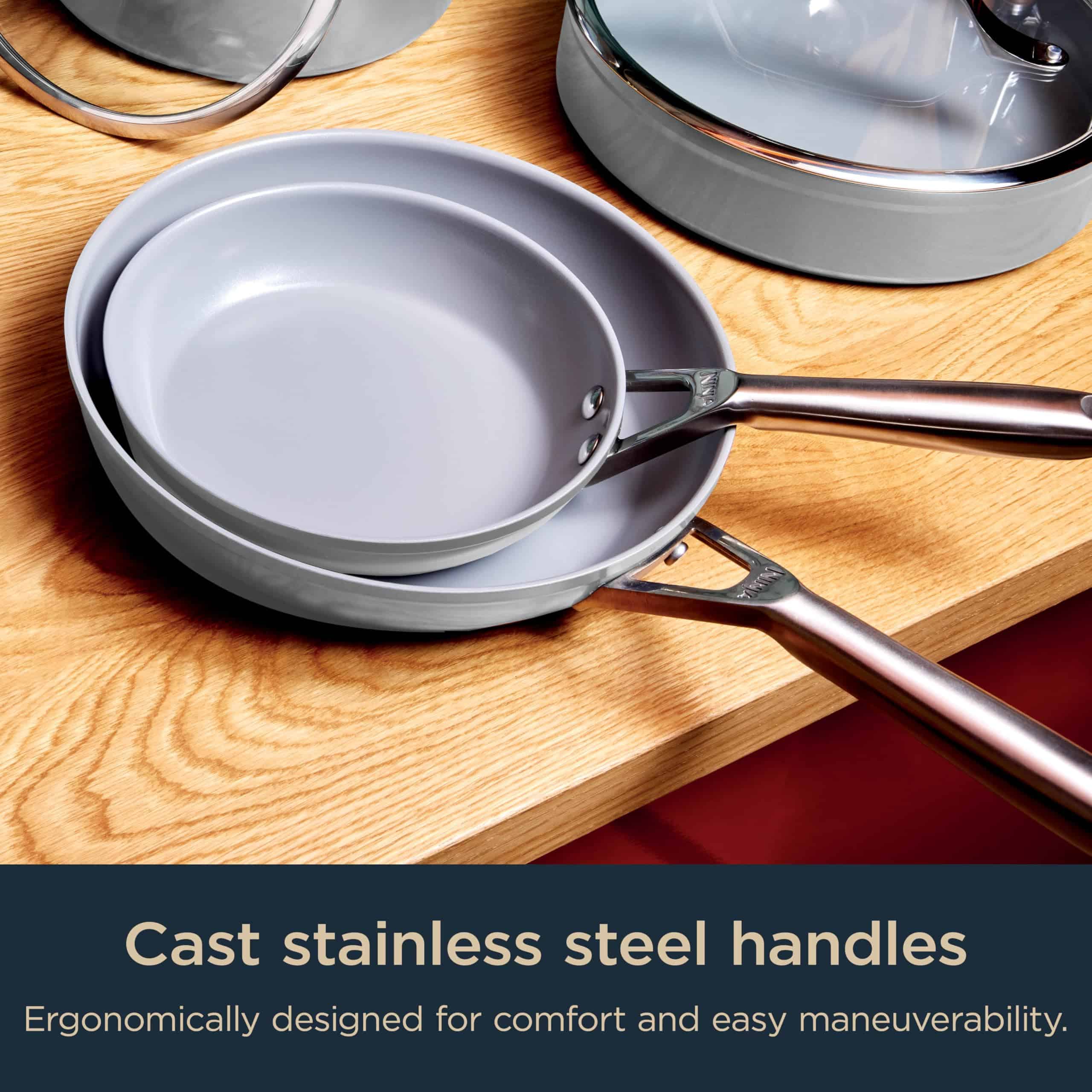 Ninja CW39010GY NeverStick Ceramic Pro, Non-Stick Pots & Pans Set with Glass Lids, PTFE Free, Ceramic Coated, Stainless Steel, Gray