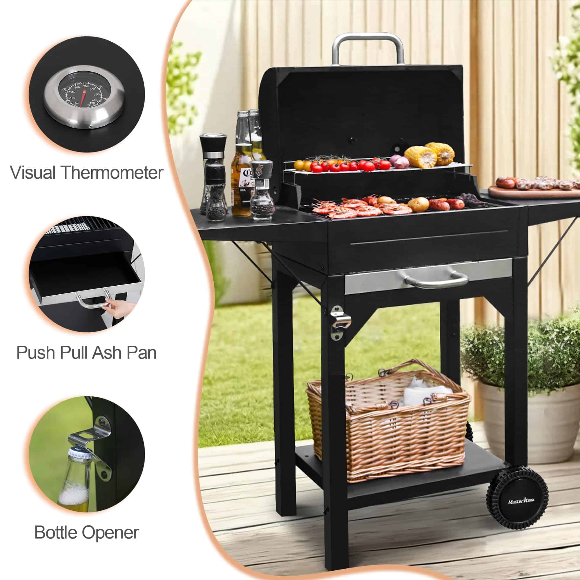 Master Cook Charcoal Grill Outdoor Barbecue 238sq Grill Small BBQ Grill with Side Table for Camping Outdoor Backyard and Patio
