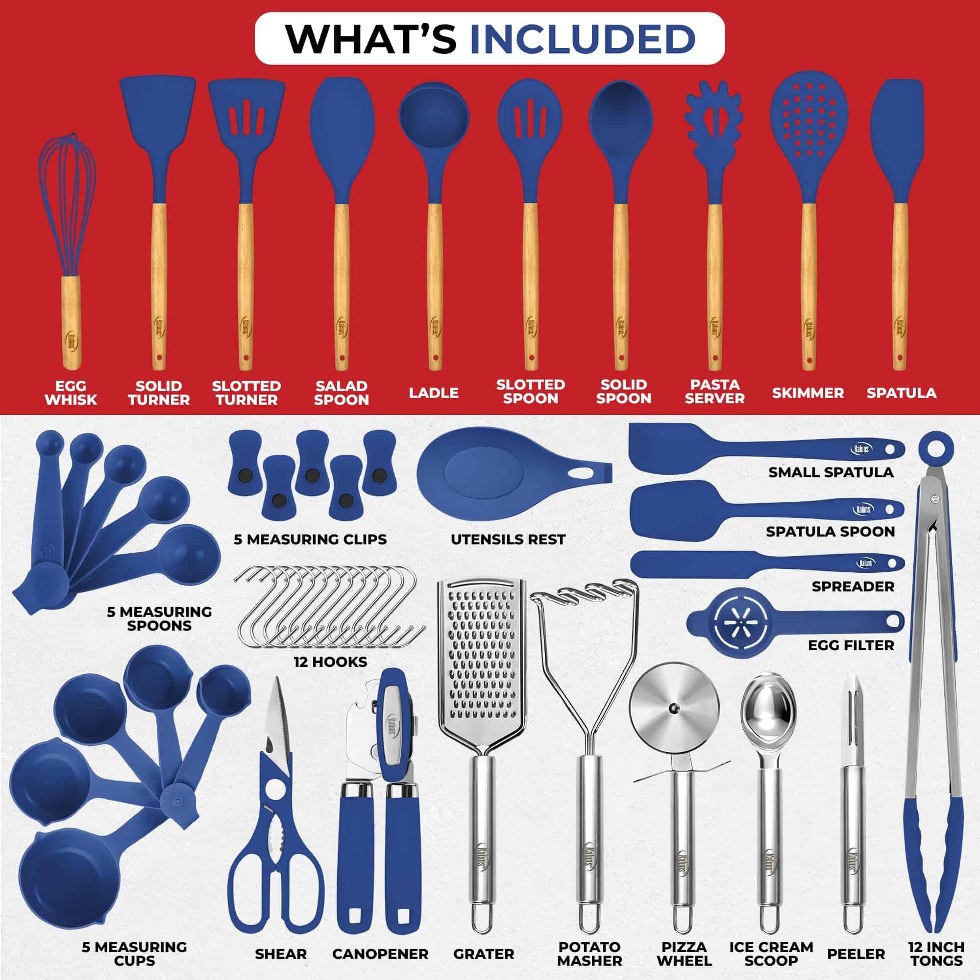 Kaluns 50 PCS Silicone Kitchen Utensils Set Complete Kitchen Set, Blue