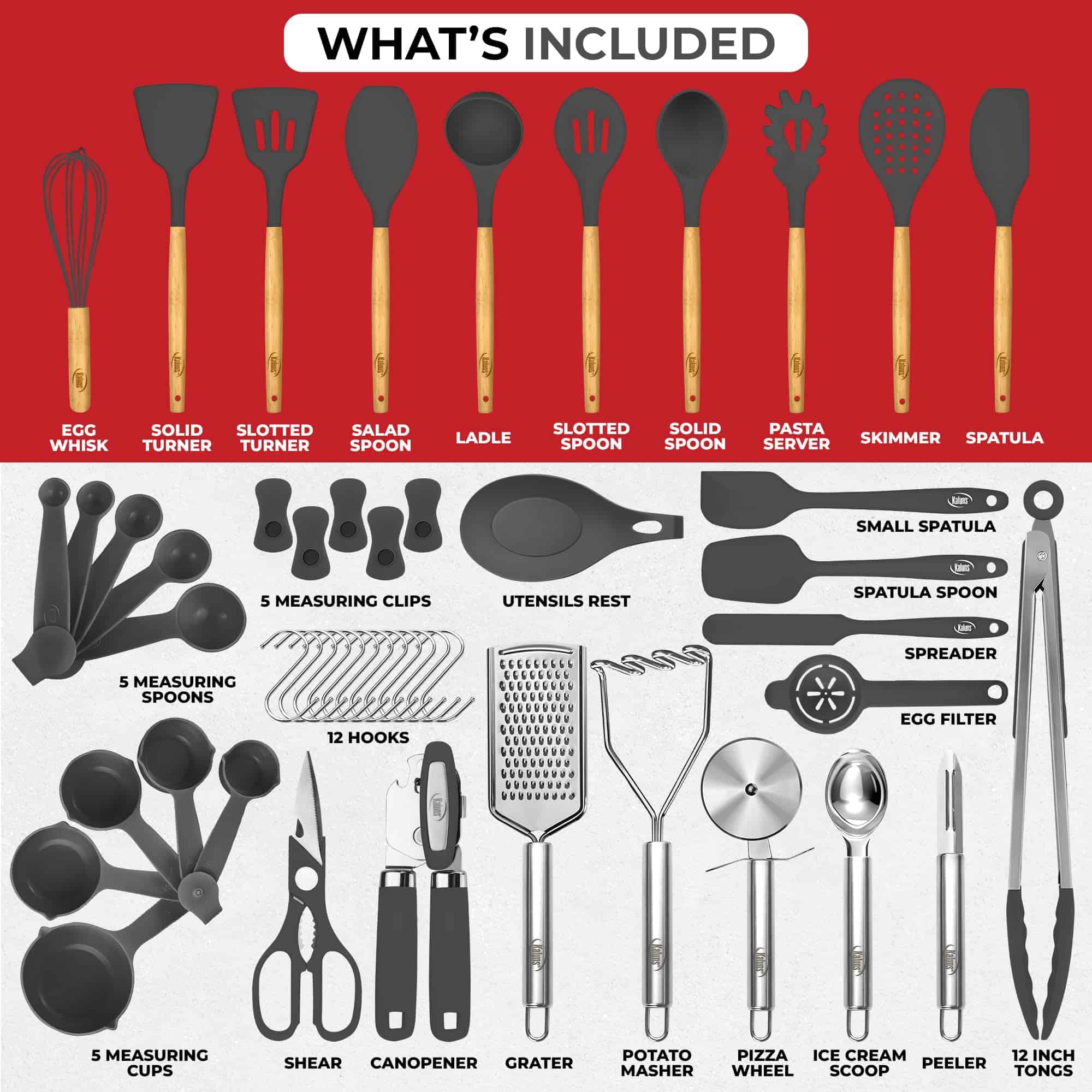 Kaluns 50 PCS Silicone Kitchen Utensils Set Complete Kitchen Set, Gray