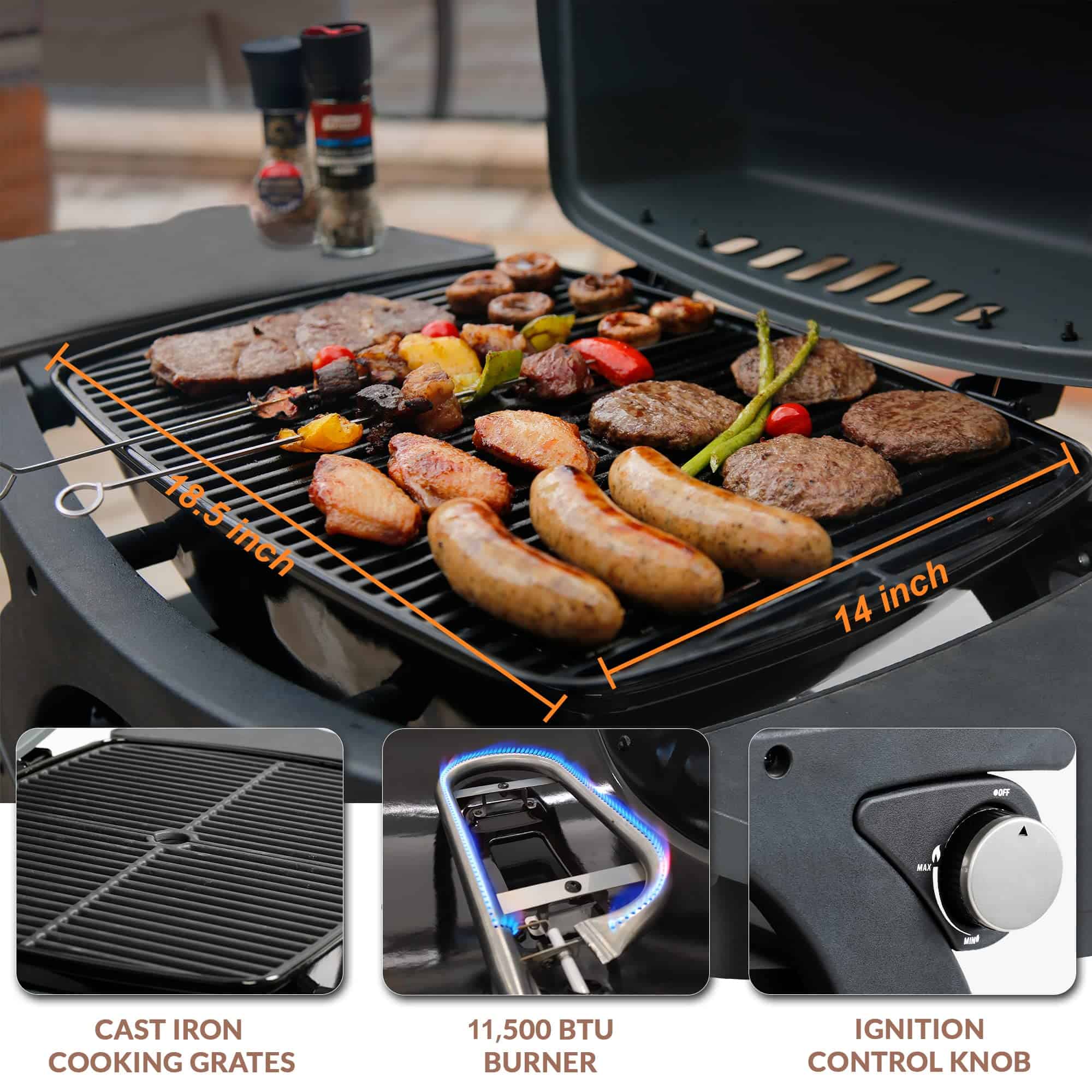 MASTER COOK Propane Gas Grill, Portable Tabletop Barbecue Grill with Cart for Patio, Camping, Travel