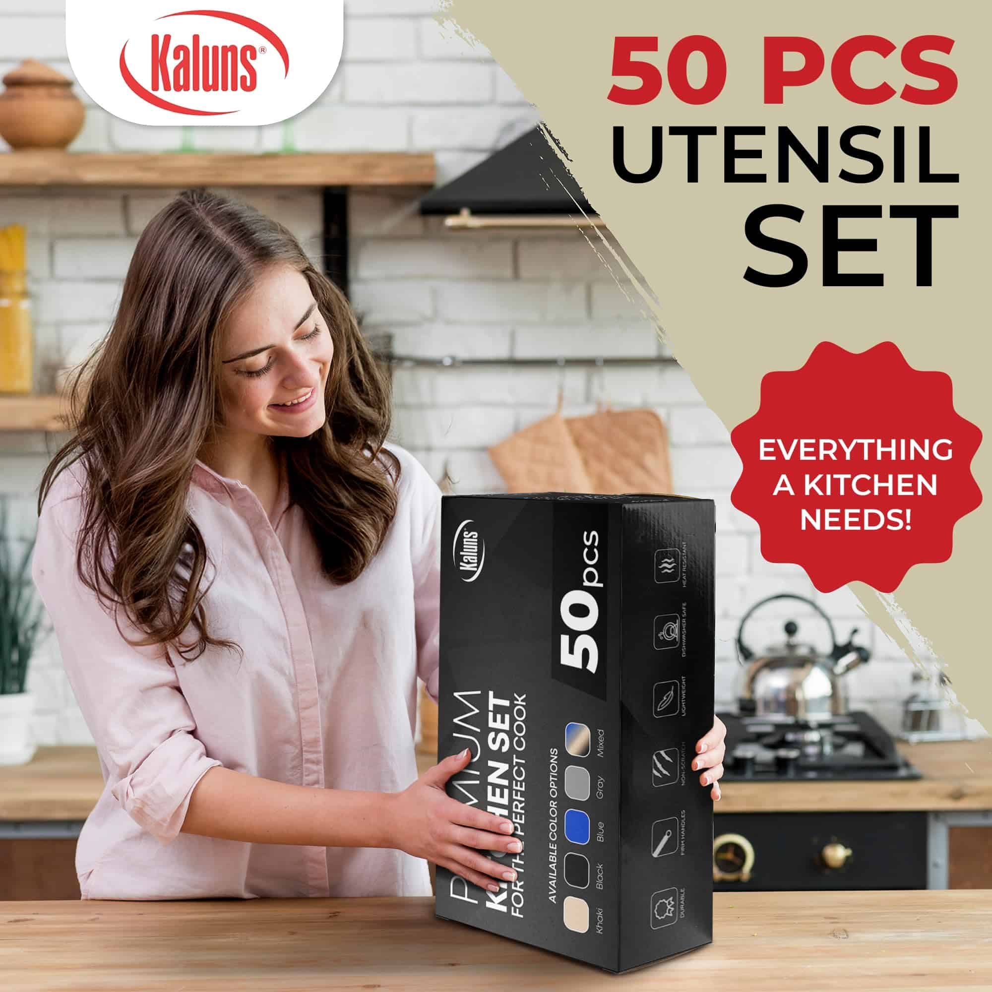 Kaluns 50 PCS Silicone Kitchen Utensils Set Complete Kitchen Set, Khaki