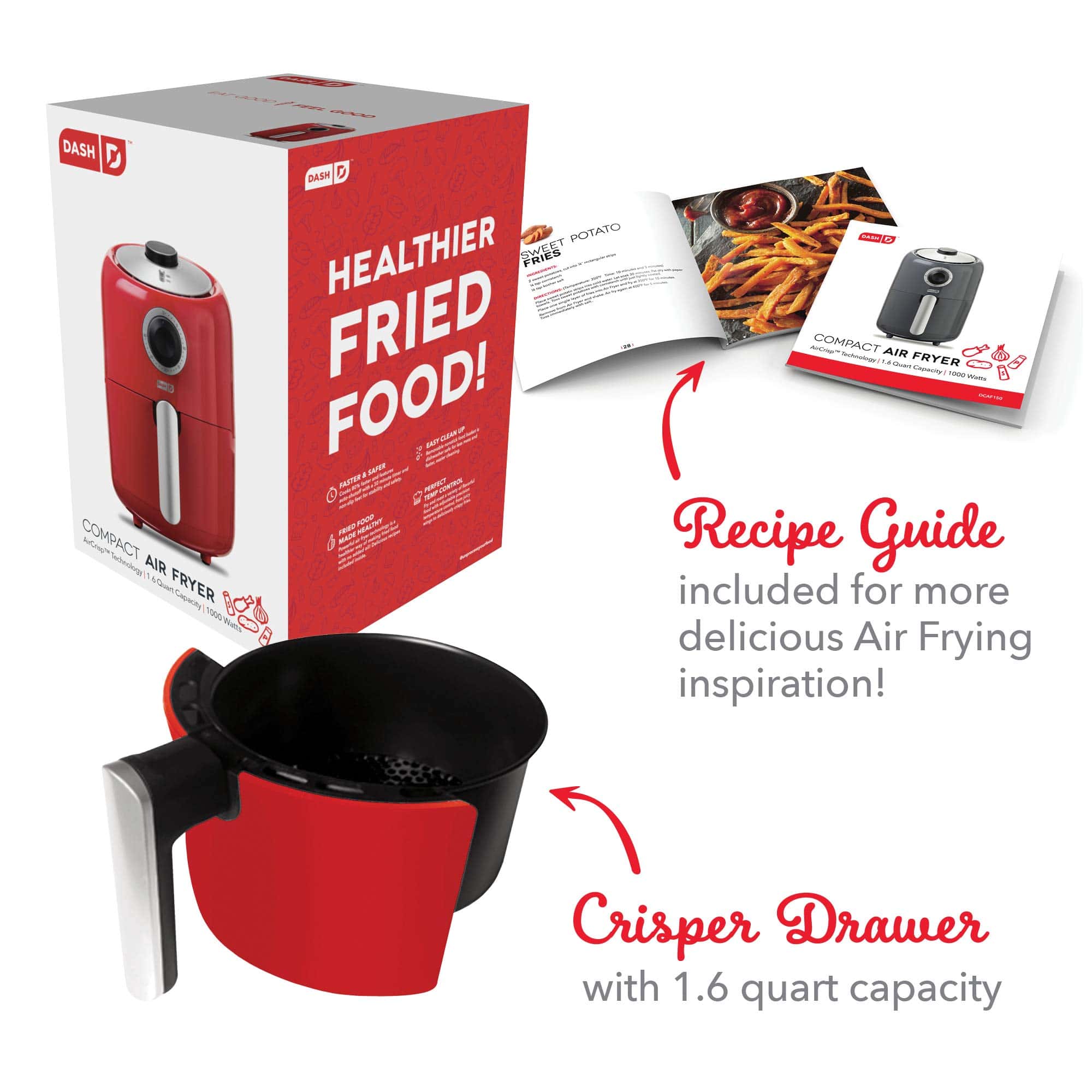 DASH Compact Air Fryer Oven Cooker with Temperature Control, Non-stick Fry Basket, 2 Quart - Red
