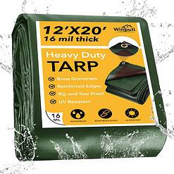 Winpull Tarp 12x20 Feet 16 Mil Heavy Duty Waterproof Tarp, Multipurpose Large Tarp Cover with Brass Grommets and Reinforced Edges