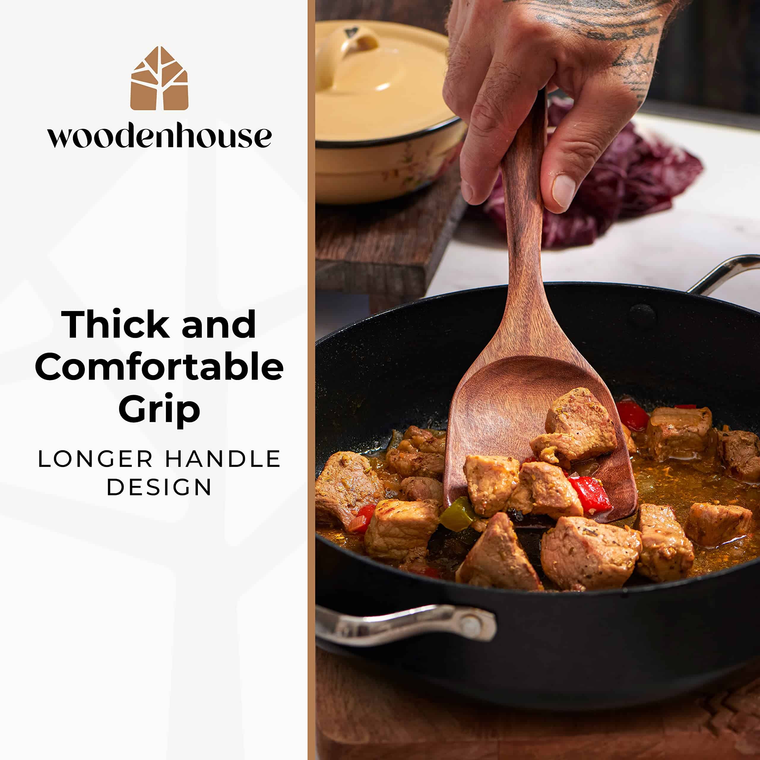 Wooden Spoons for Cooking, Wooden Cooking Utensils Set, Wooden Utensil Set with Holder, Spoon Rest & Hooks, 8-piece set