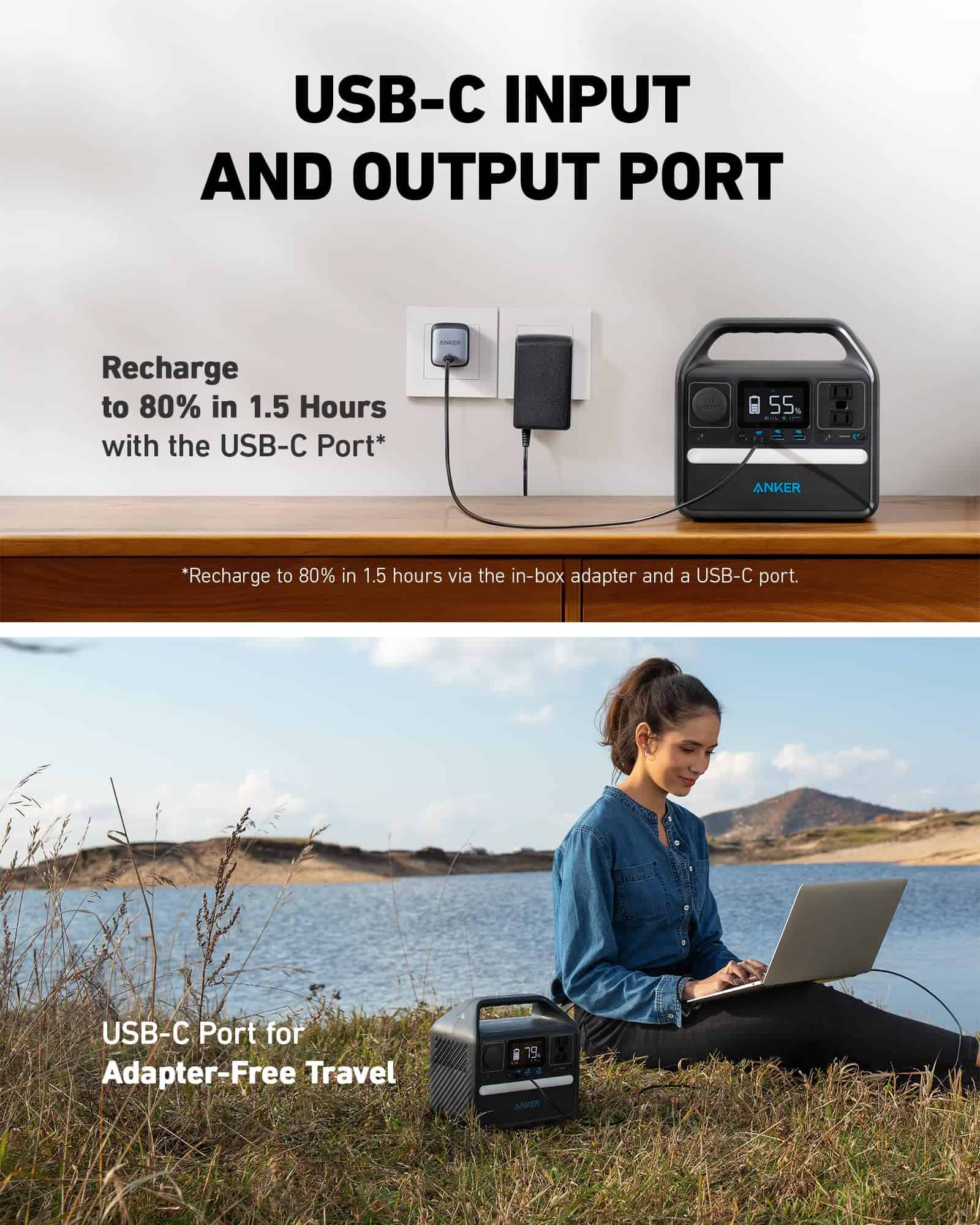 Anker 521 Portable Power Station Upgraded with LiFePO4 Battery, 256Wh 6-Port PowerHouse, 2 AC Outlets