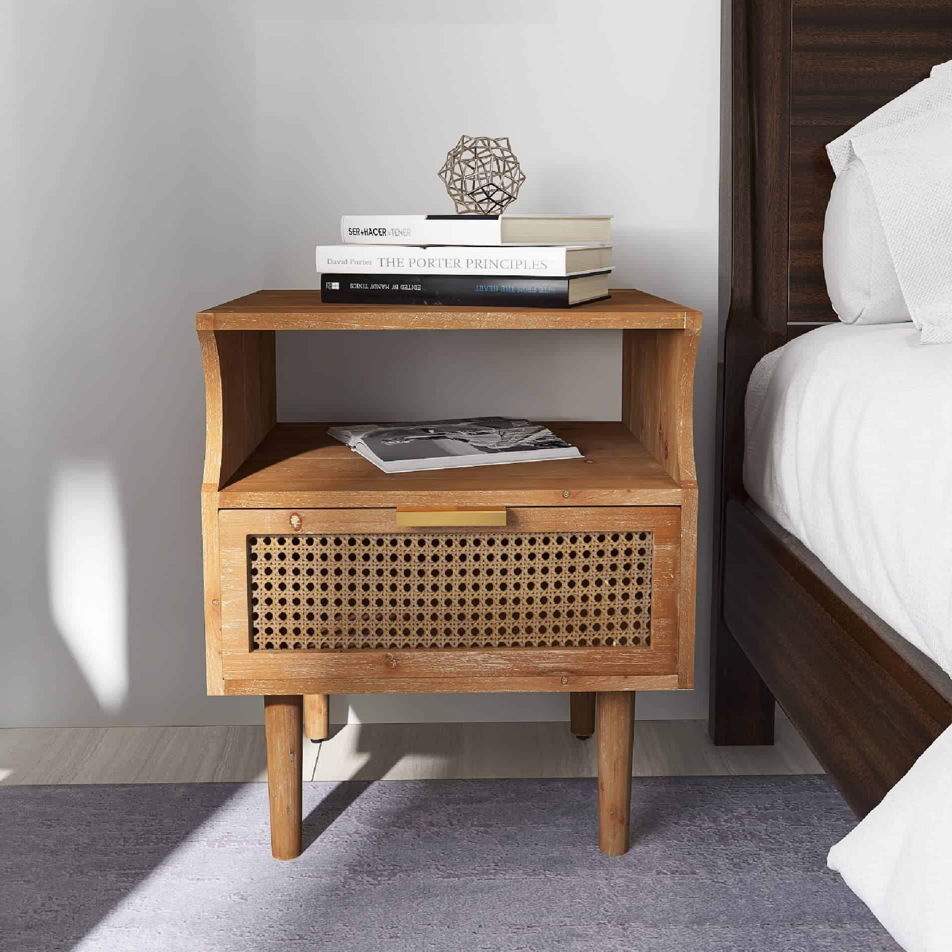 COZAYH Rustic Farmhouse Woven Fronts Nightstand, Spacious Storage End Table