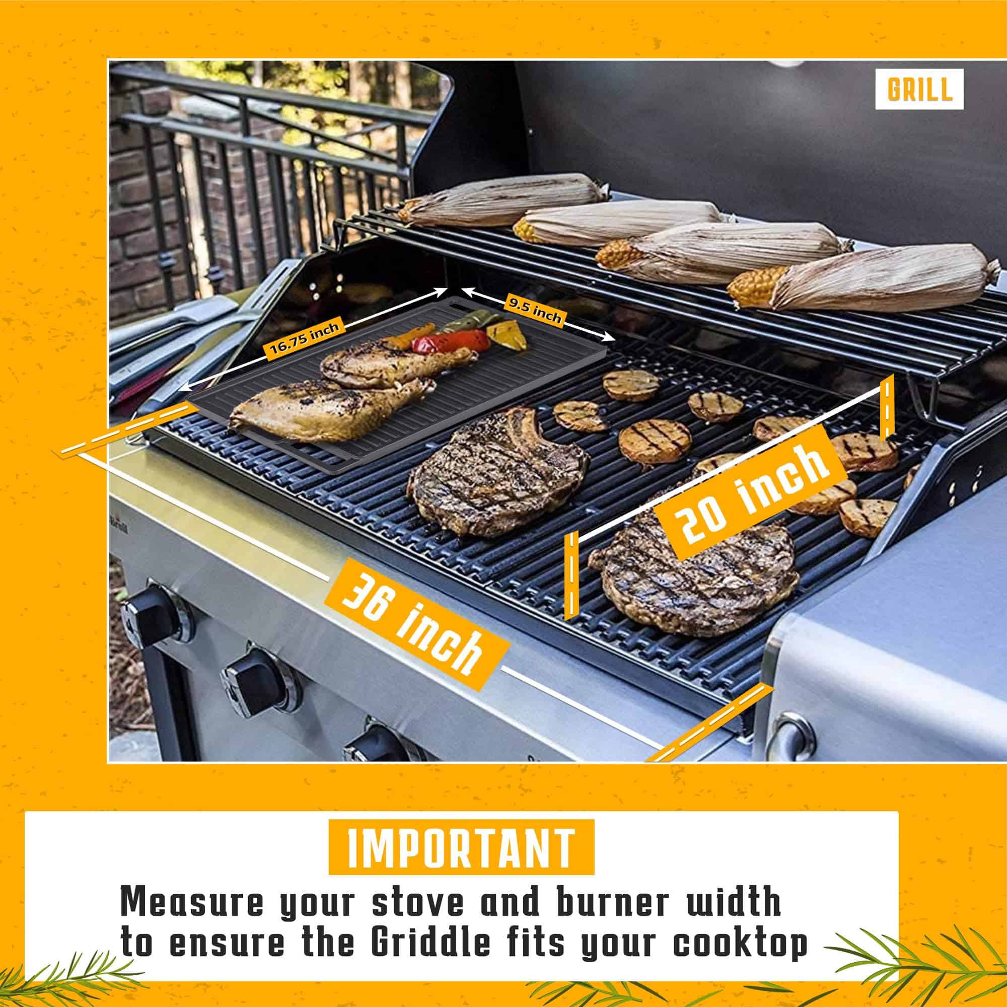 Cast Iron Reversible Grill/Griddle Set with Press, Scraper & Mitts - Pre-Seasoned, Non-Stick - 16.75" x 9.5"