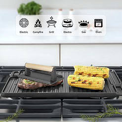 Cast Iron Reversible Grill/Griddle Set with Press, Scraper & Mitts - Pre-Seasoned, Non-Stick - 16.75