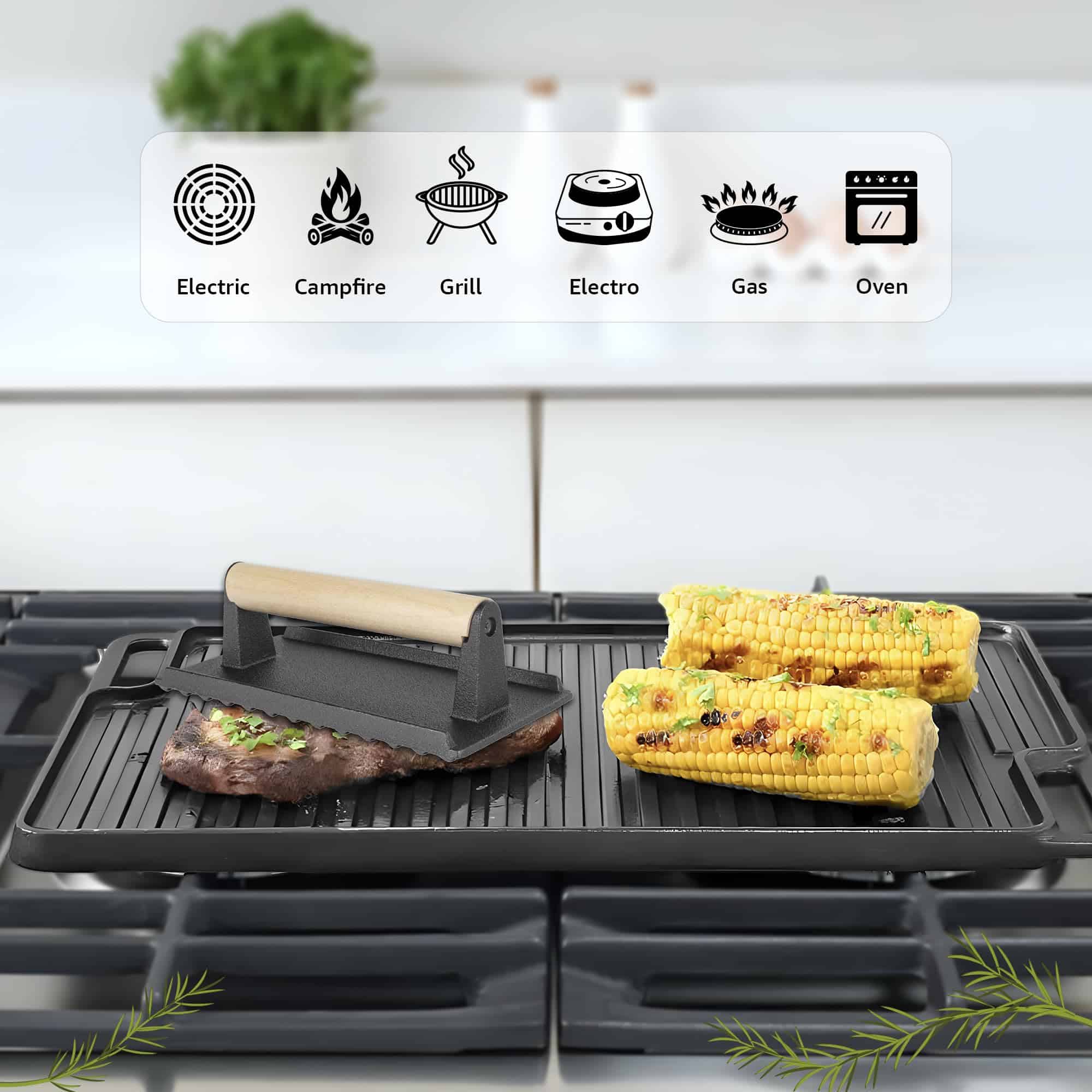 Cast Iron Reversible Grill/Griddle Set with Press, Scraper & Mitts - Pre-Seasoned, Non-Stick - 16.75" x 9.5"