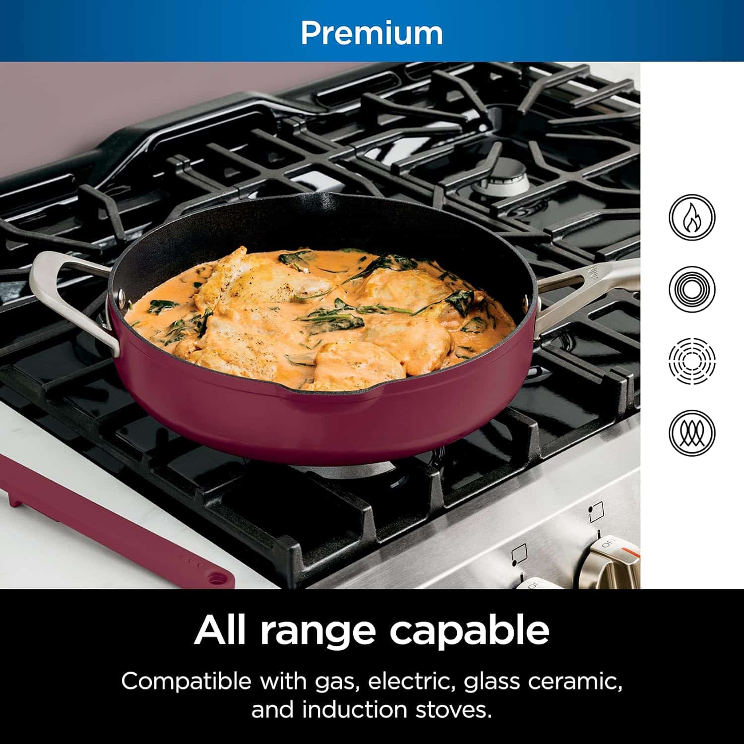 Ninja, Cookware, Steamer, Strainer Basket, Glass Lid and Spatula, Foodi NeverStick PossiblePan, Premium Set, Cherry Tart, CW102RD