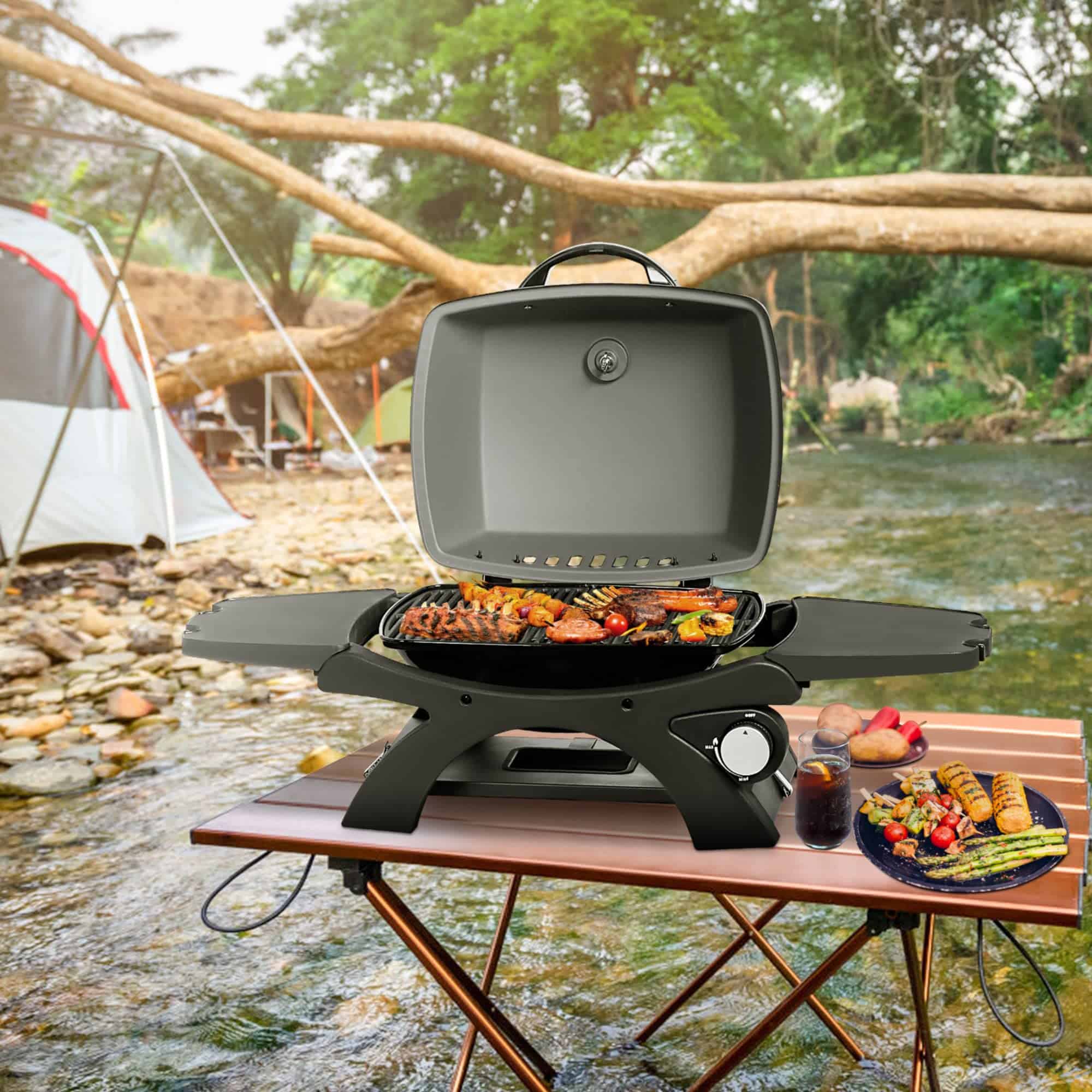MASTER COOK Tabletop Gas Grill, 11500 BTU Portable Propane Grill Outdoor with Removable Side Shelves for BBQ Camping Patio Backyard