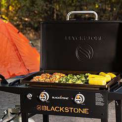 Blackstone 1883 Original 28” Griddle with Integrated Protective Hood and Counter Height Side Shelves, Powder Coated Steel, Black